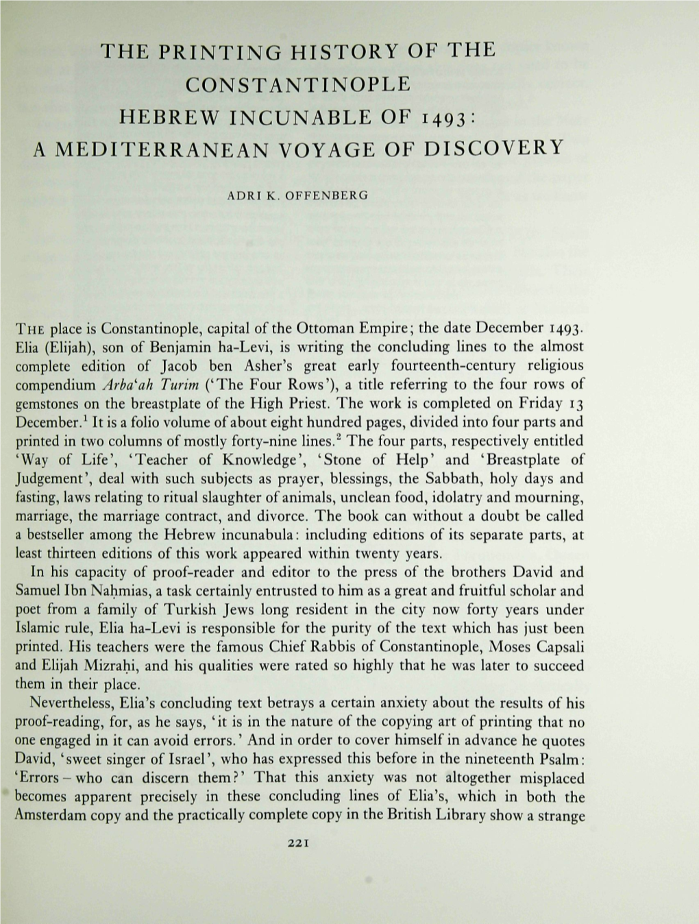 The Printing History of the Constantinople Hebrew Incunable of 1493: a Mediterranean Voyage of Discovery