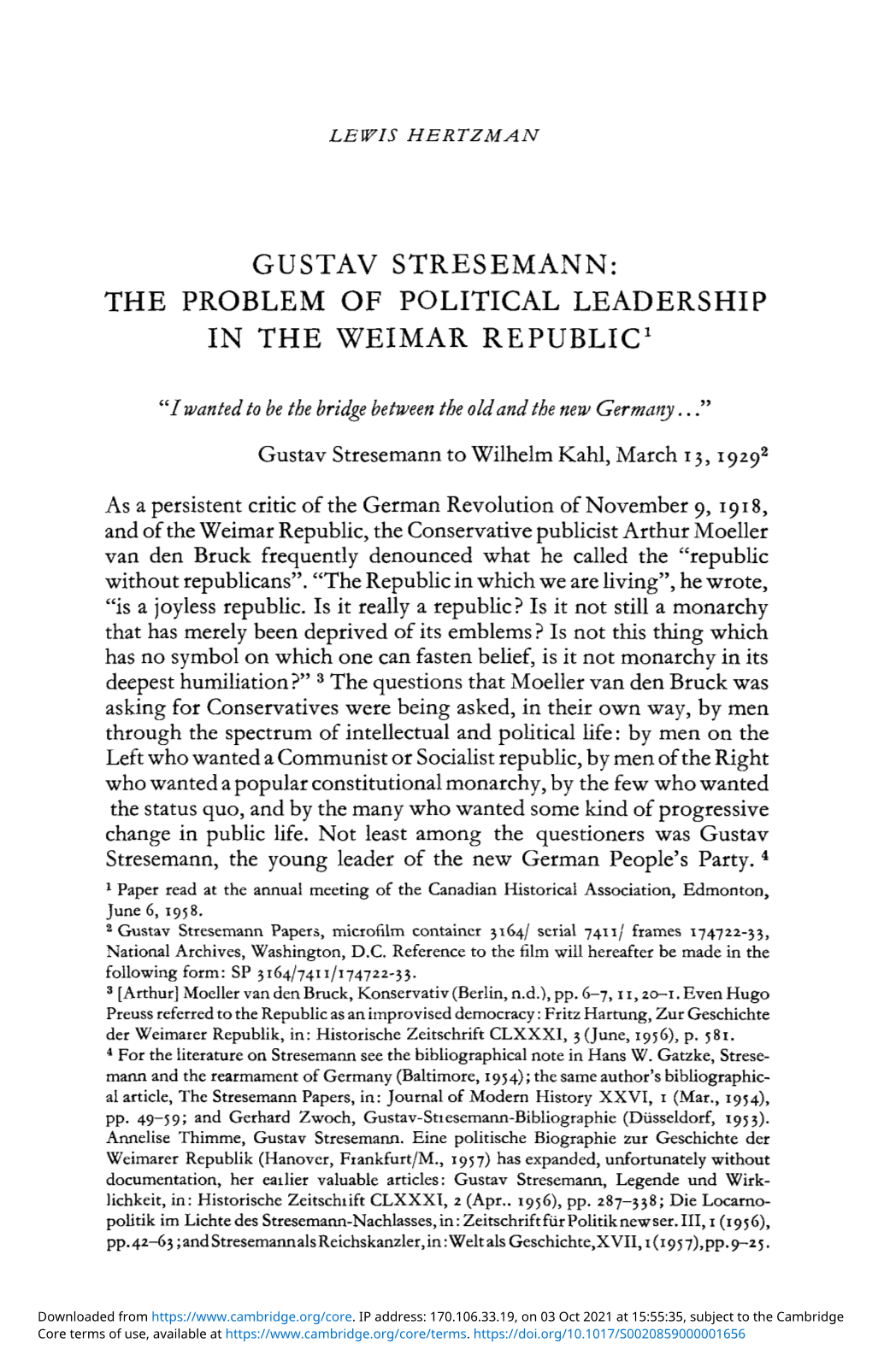 Gustav Stresemann: the Problem of Political Leadership in the Weimar Republic1