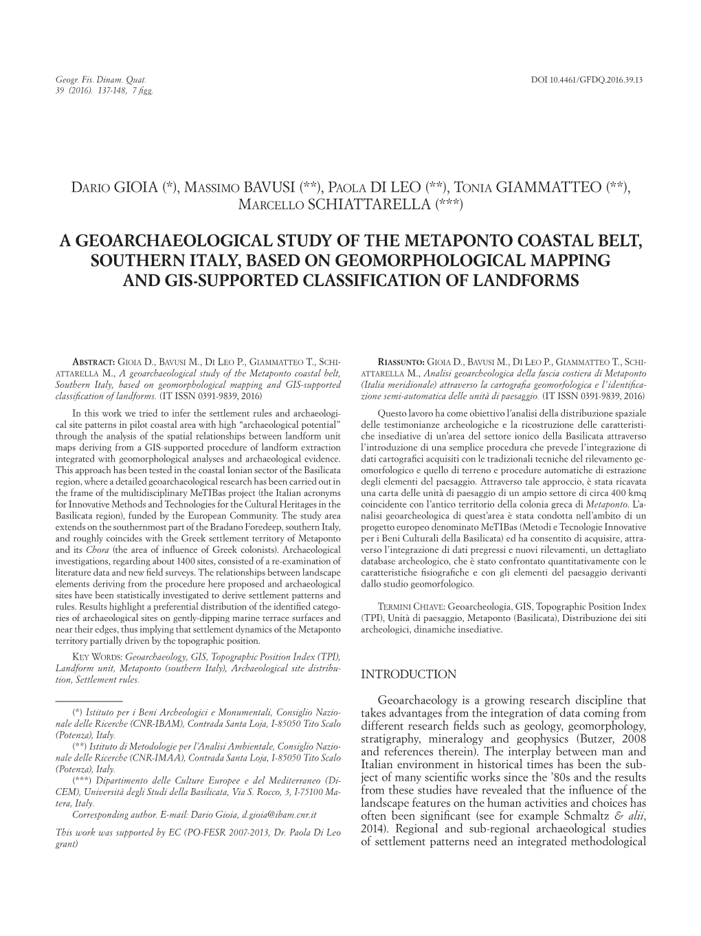 A Geoarchaeological Study of the Metaponto Coastal Belt, Southern Italy, Based on Geomorphological Mapping and Gis-Supported Classification of Landforms