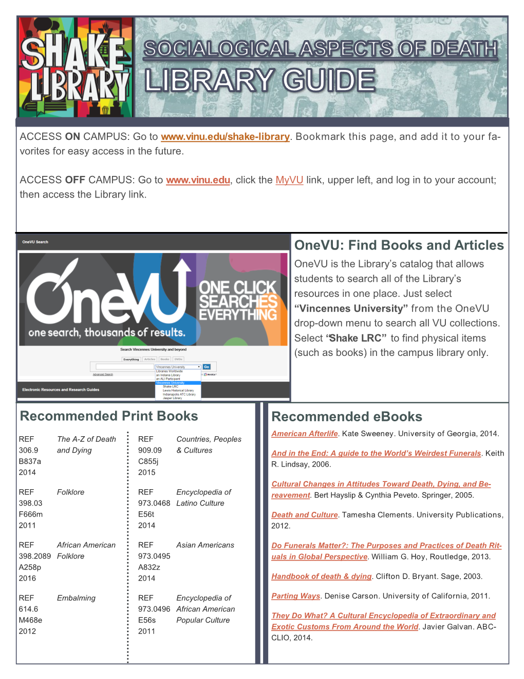 Onevu: Find Books and Articles Onevu Is the Library’S Catalog That Allows Students to Search All of the Library’S Resources in One Place