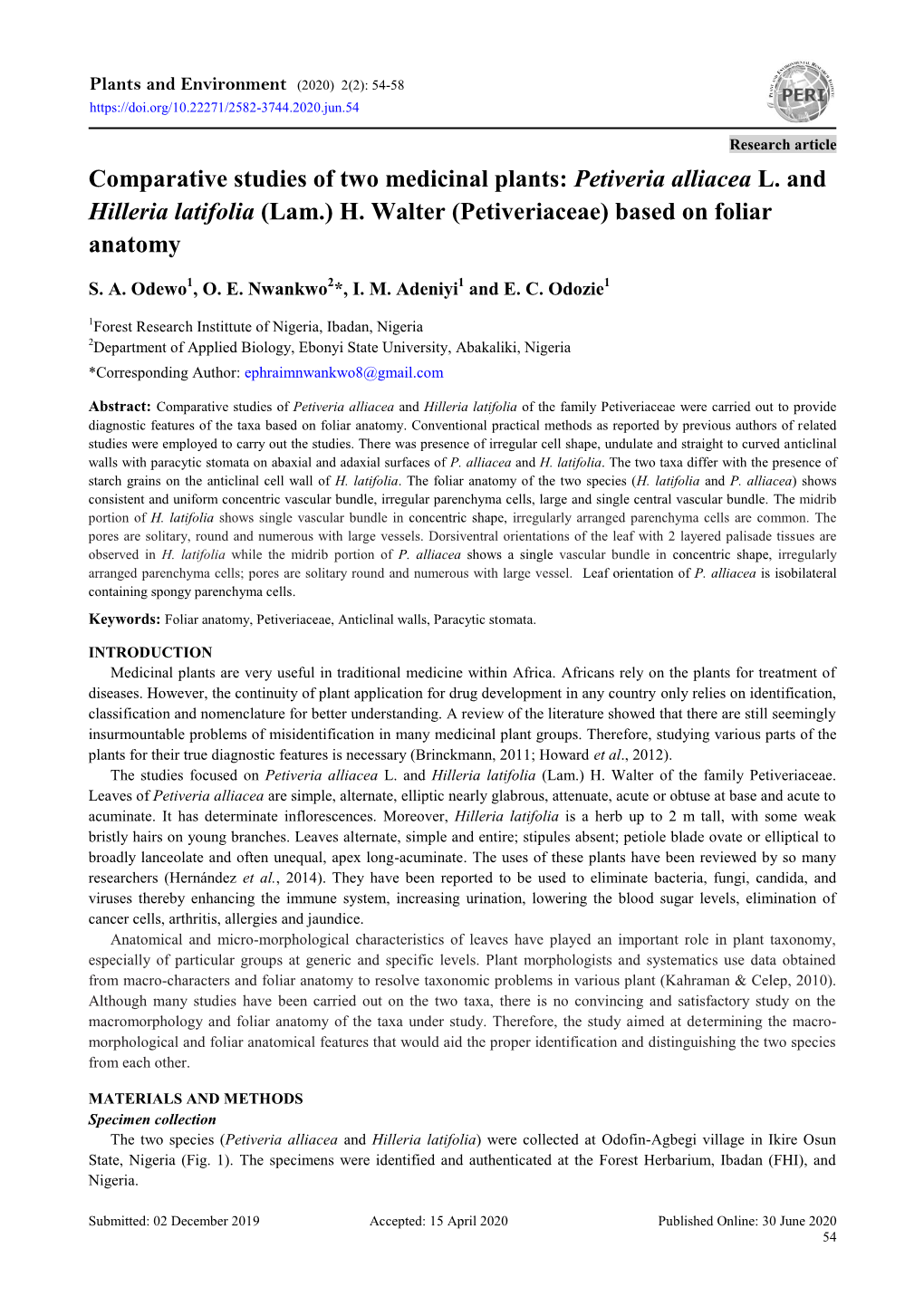 Comparative Studies of Two Medicinal Plants: Petiveria Alliacea L