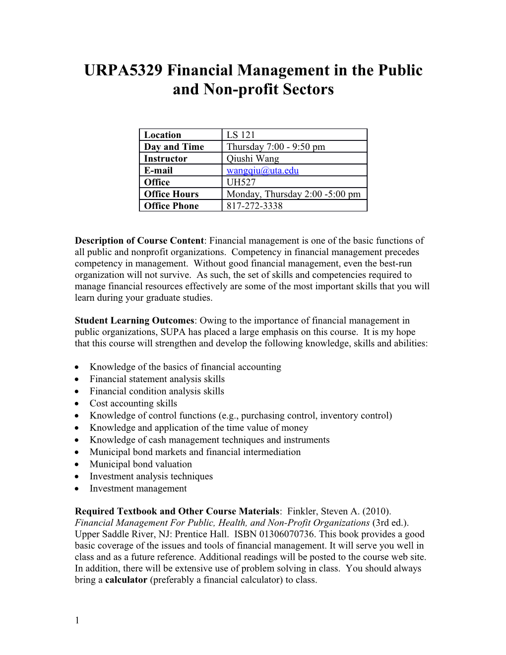 URPA5329 Financial Management in the Public and Non-Profit Sectors