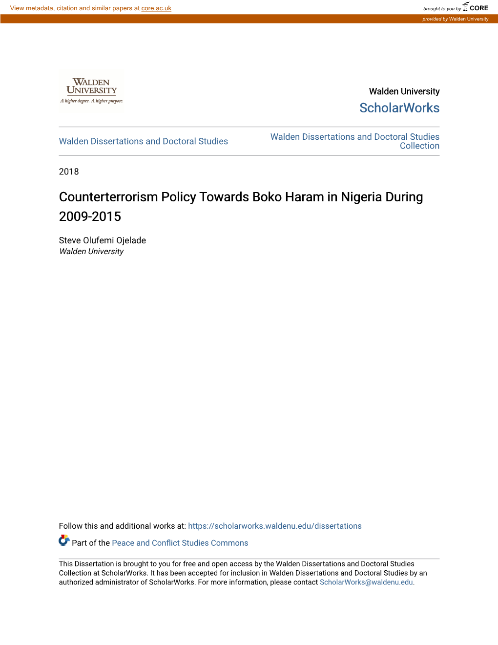 Counterterrorism Policy Towards Boko Haram in Nigeria During 2009-2015