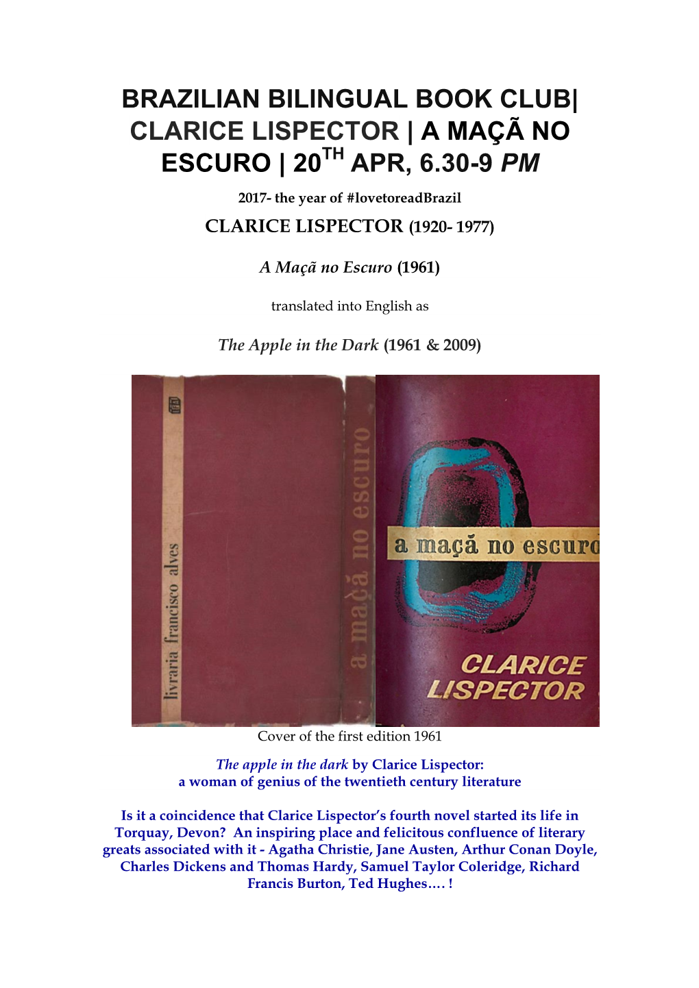 Brazilian Bilingual Book Club| Clarice Lispector | a Maçã No Escuro | 20Th Apr, 6.30-9 Pm