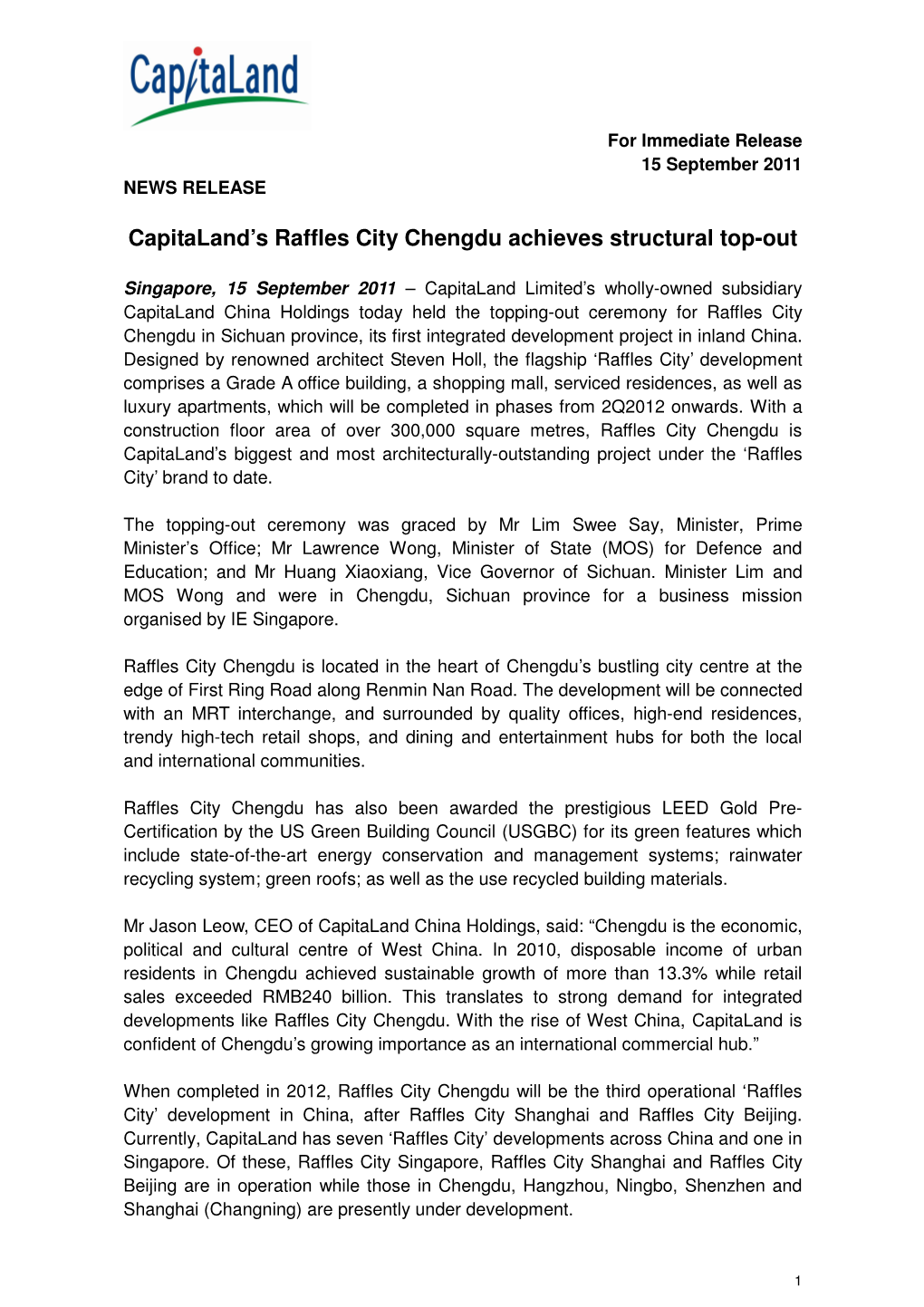 Capitaland's Raffles City Chengdu Achieves Structural Top-Out