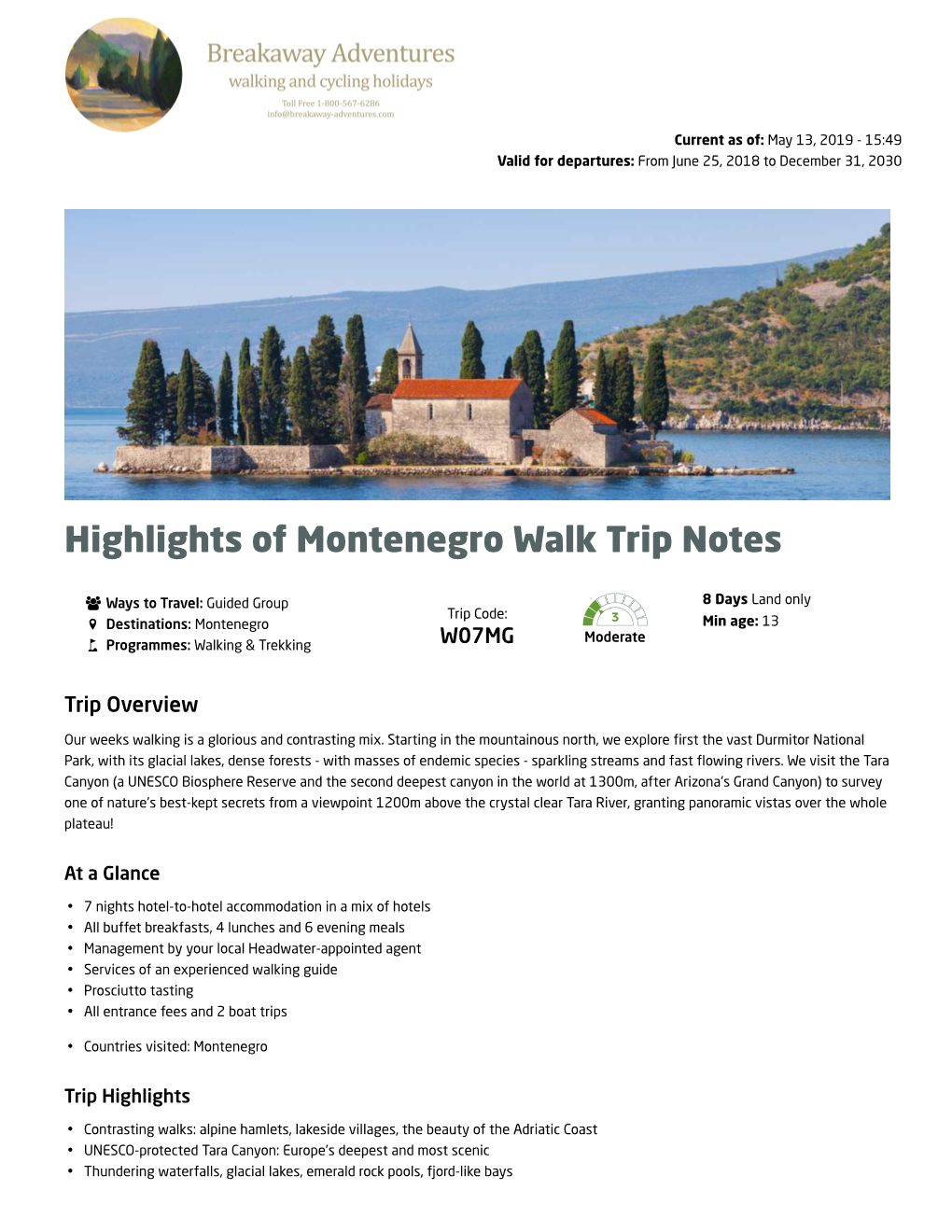 Highlights of Montenegro Walk Trip Notes