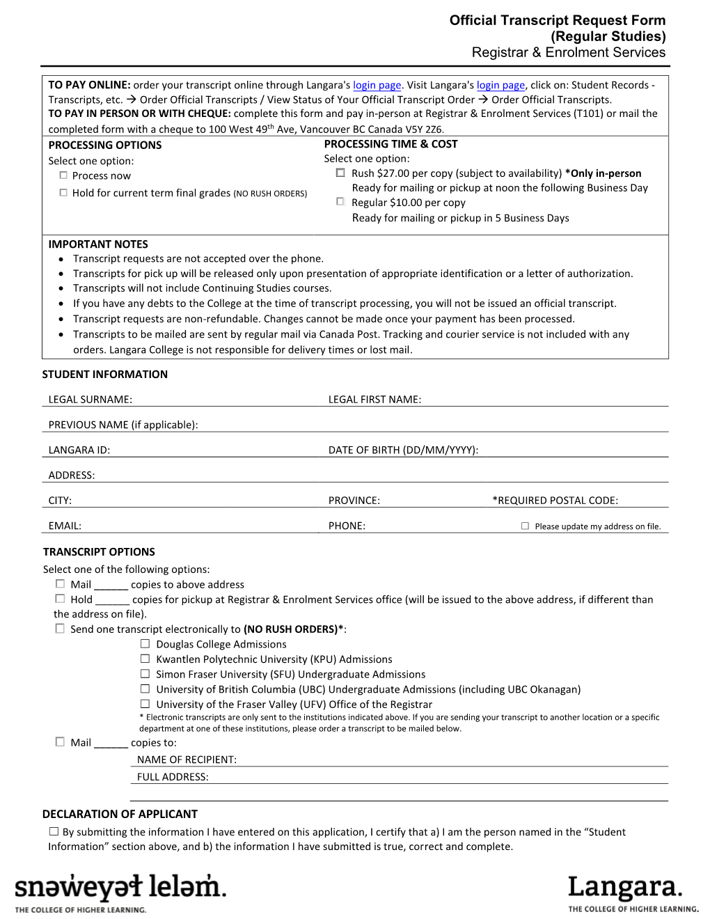 Official Transcript Request Form (Regular Studies) Registrar & Enrolment Services