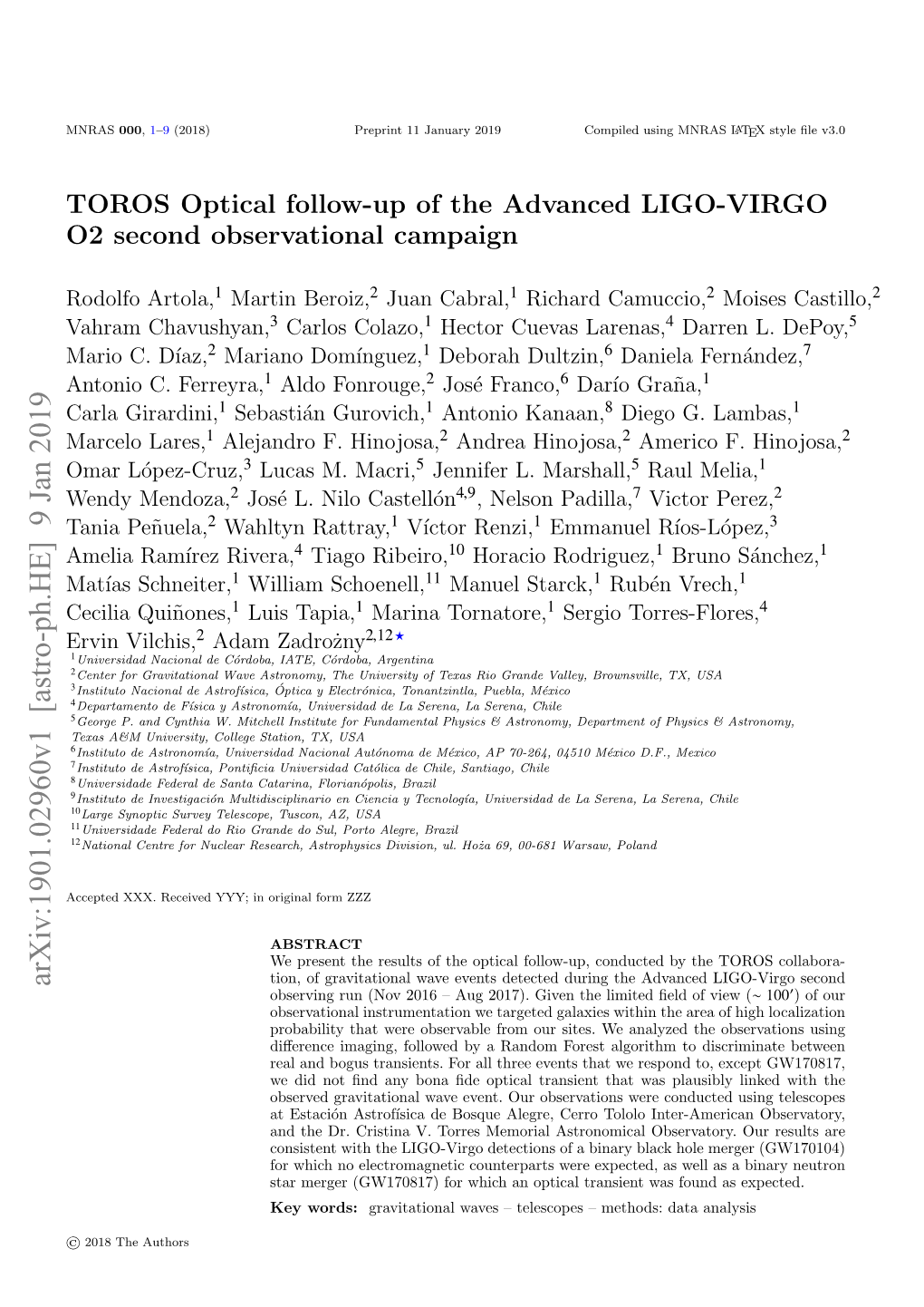 TOROS Optical Follow-Up of the Advanced LIGO-VIRGO O2 Second Observational Campaign