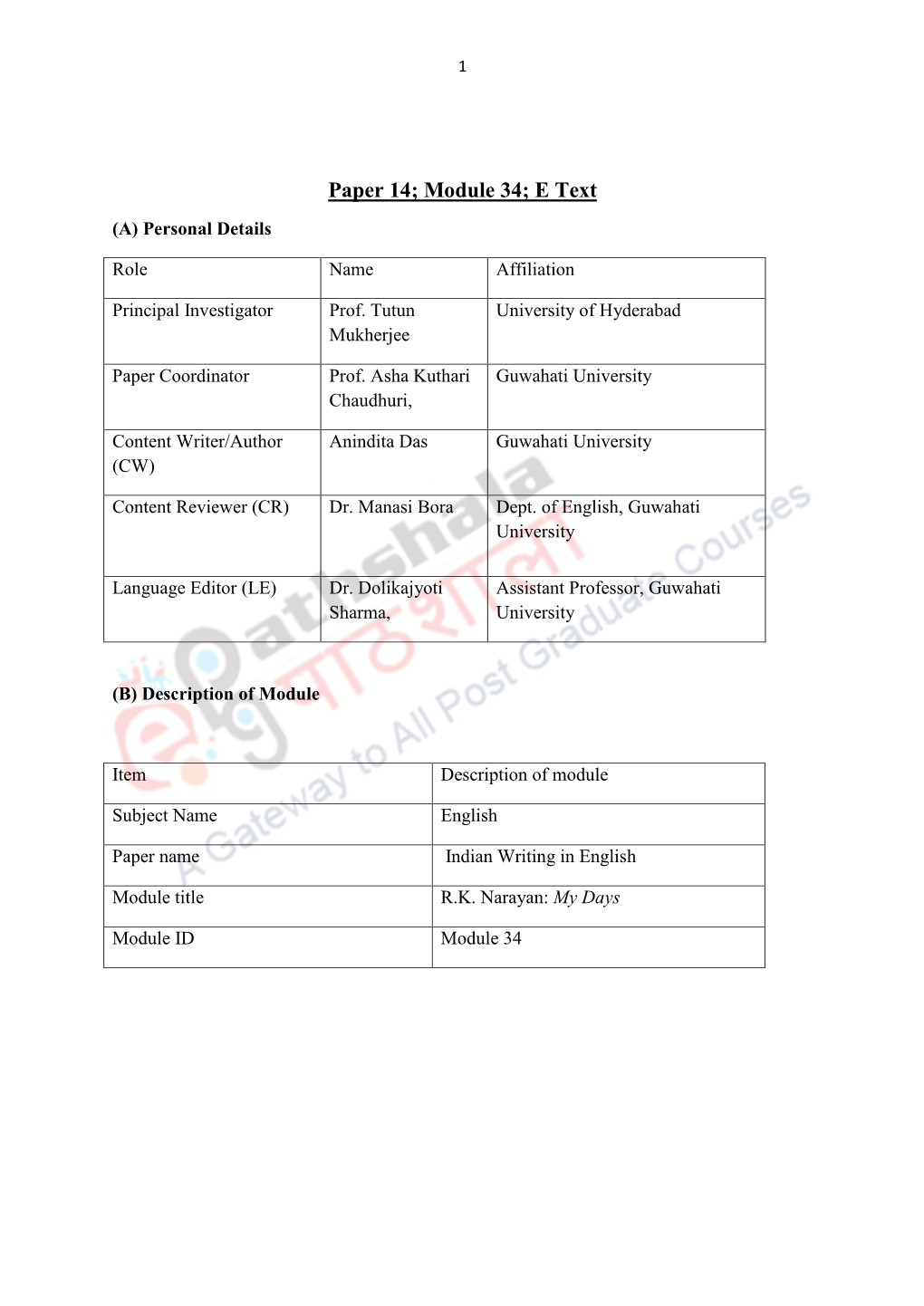 Paper 14; Module 34; E Text (A) Personal Details