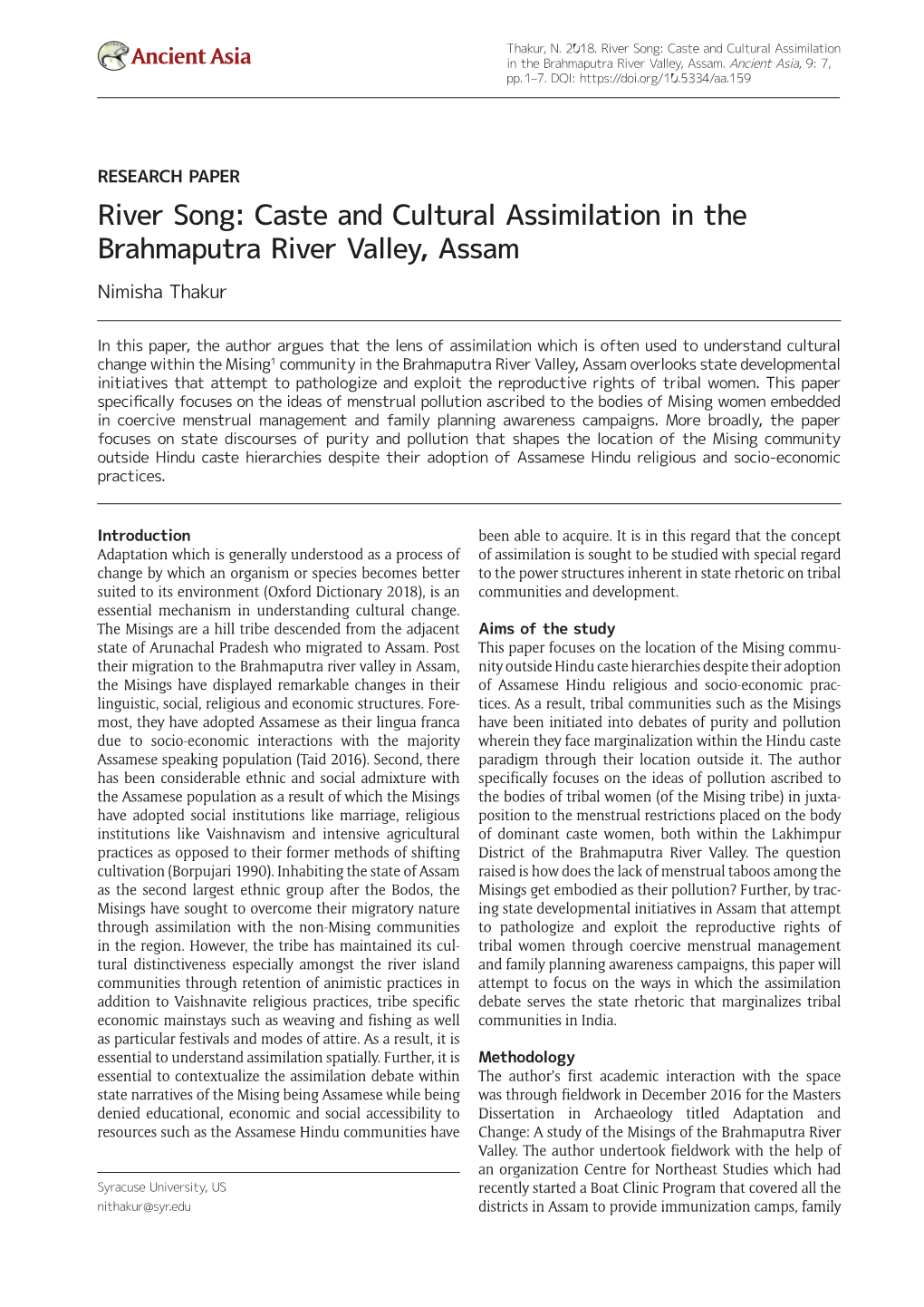 Caste and Cultural Assimilation in the Brahmaputra River Valley, Assam Nimisha Thakur