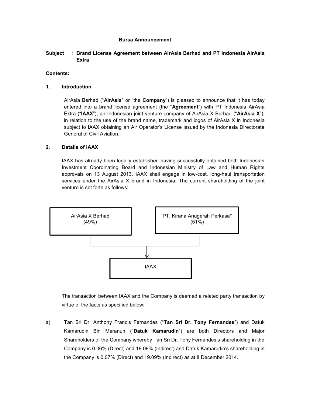 Brand License Agreement Between Airasia Berhad and PT Indonesia Airasia Extra