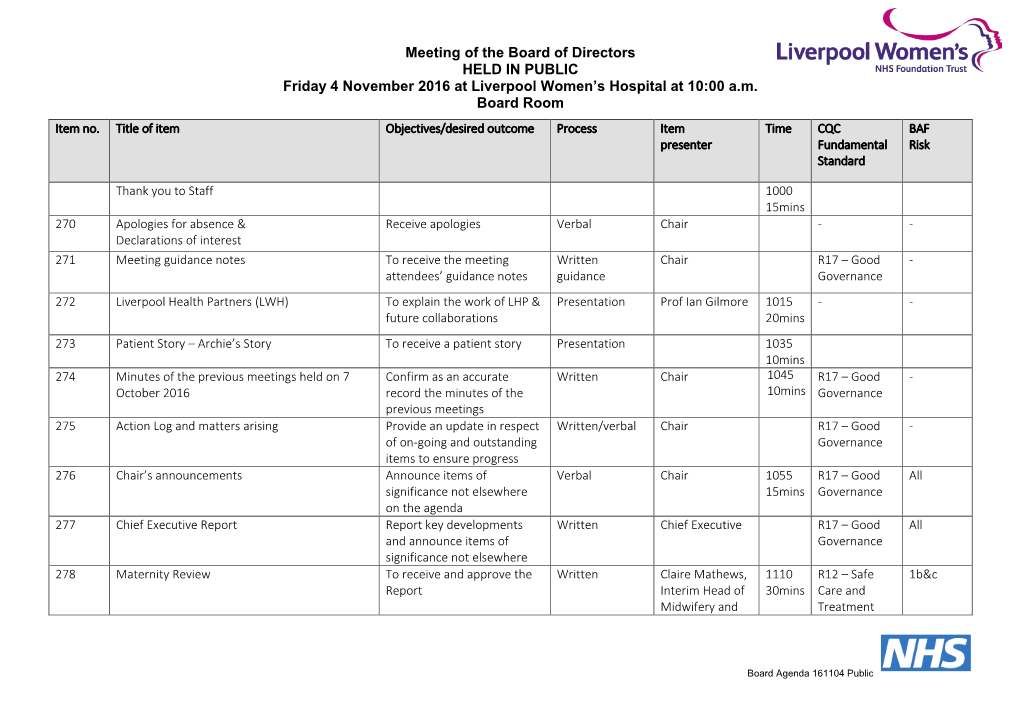 Meeting of the Board of Directors HELD in PUBLIC Friday 4 November 2016 at Liverpool Women’S Hospital at 10:00 A.M