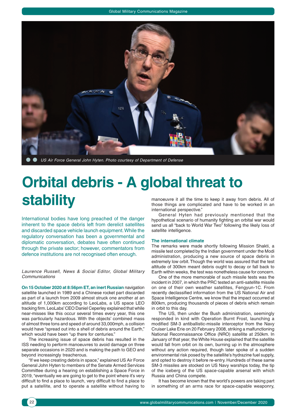 Orbital Debris - a Global Threat To