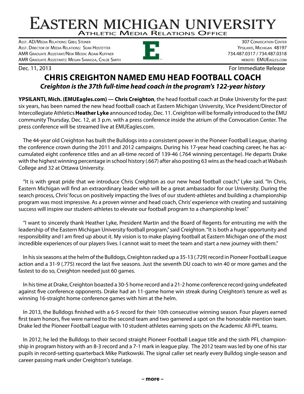 Chris Creighton Named EMU Head Football Coach Creighton Is the 37Th Full-Time Head Coach in the Program's 122-Year History