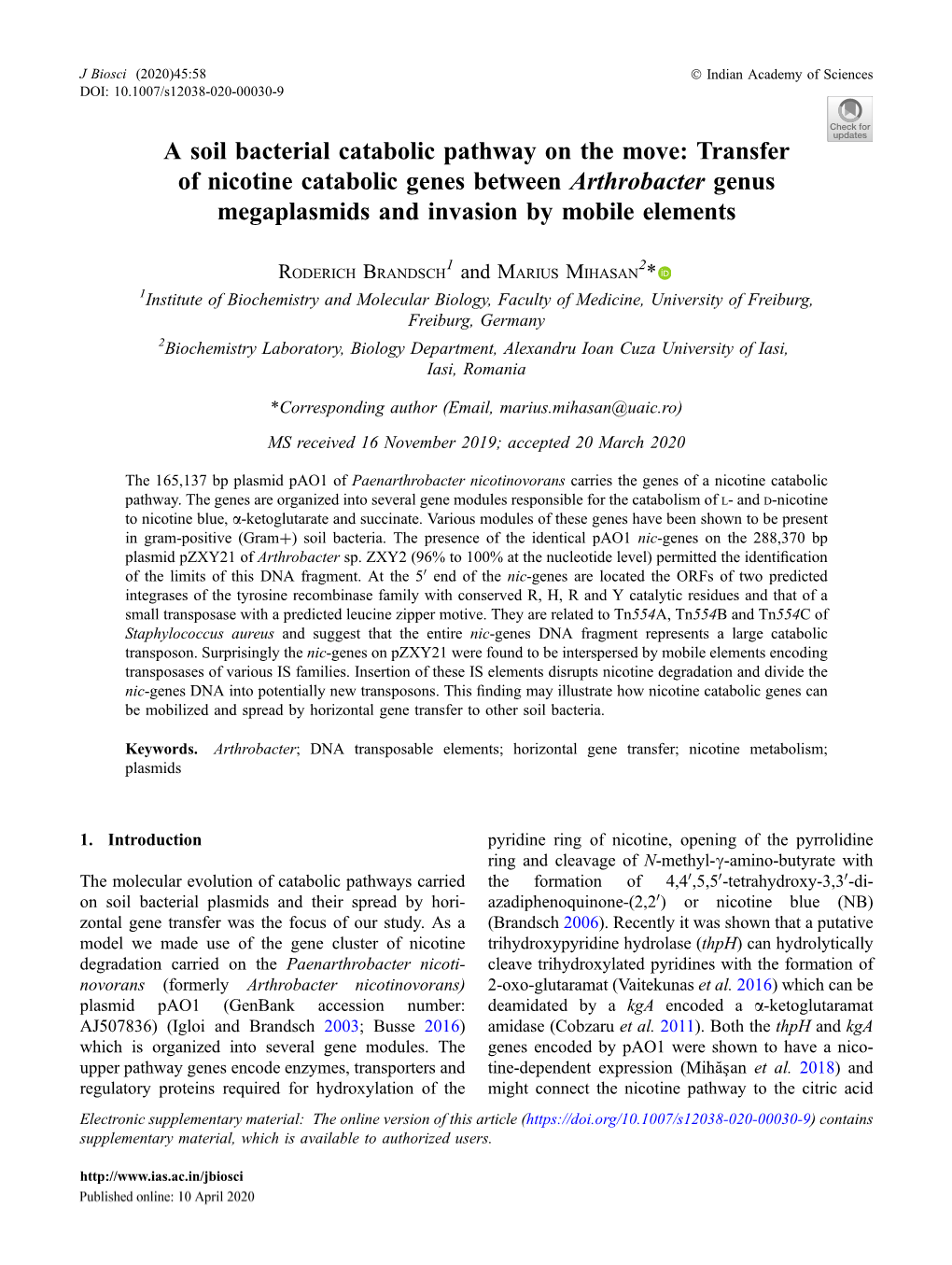 Transfer of Nicotine Catabolic Genes Between Arthrobacter Genus Megaplasmids and Invasion by Mobile Elements