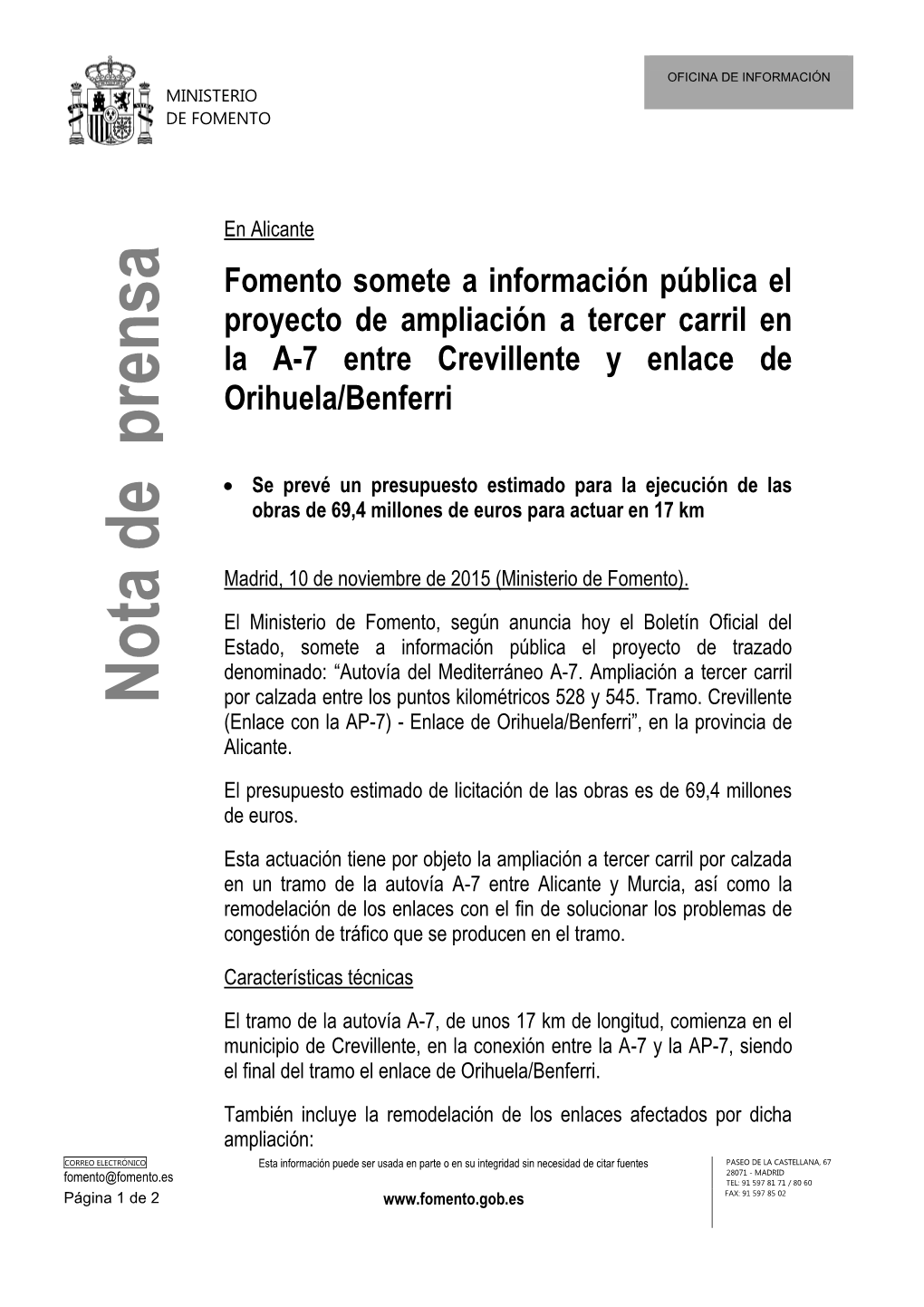 Fomento Somete a Información Pública El Proyecto De Ampliación a Tercer Carril En La A-7 Entre Crevillente Y Enlace De Orihuela/Benferri