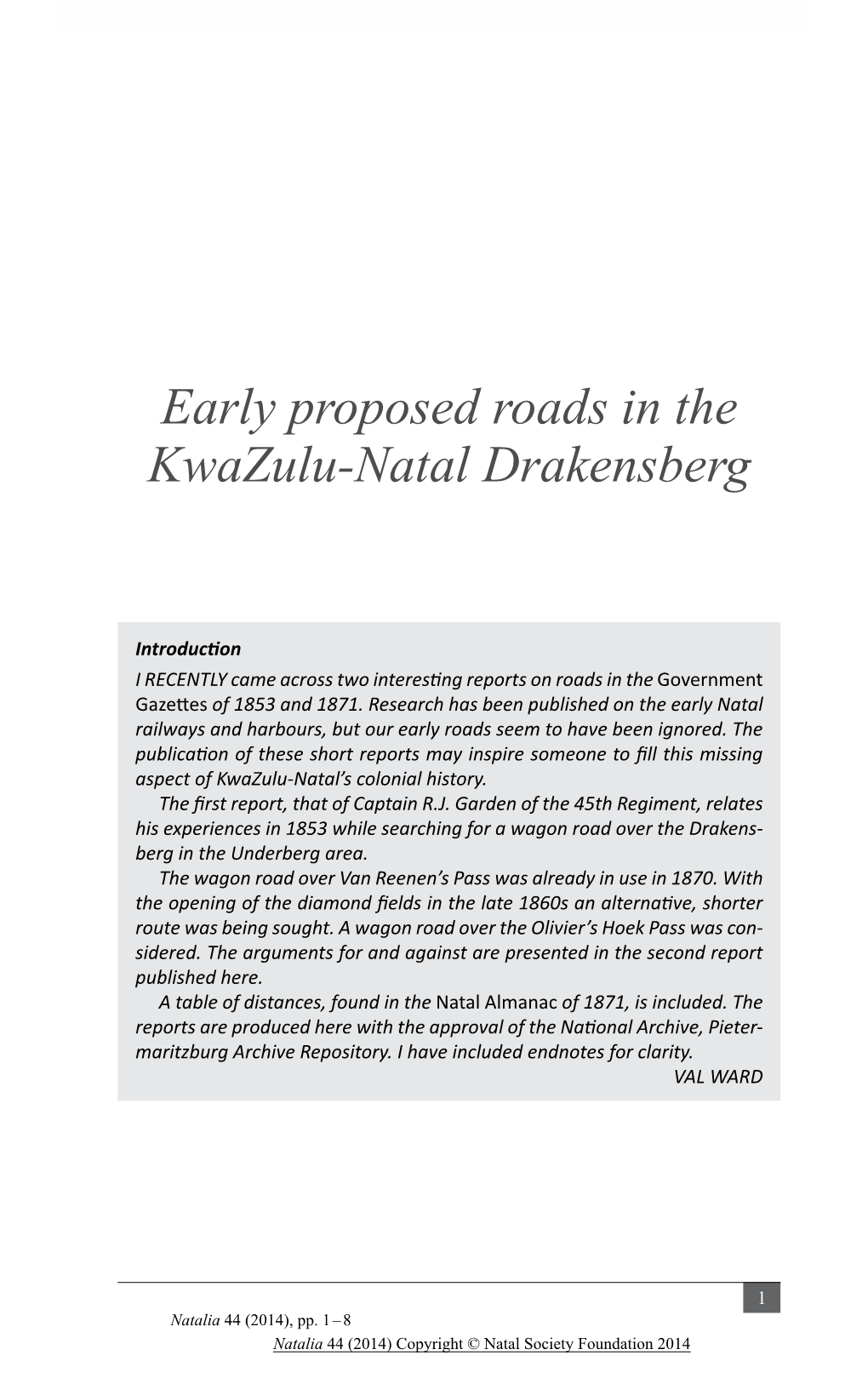 Early Proposed Roads in the Kwazulu-Natal Drakensberg