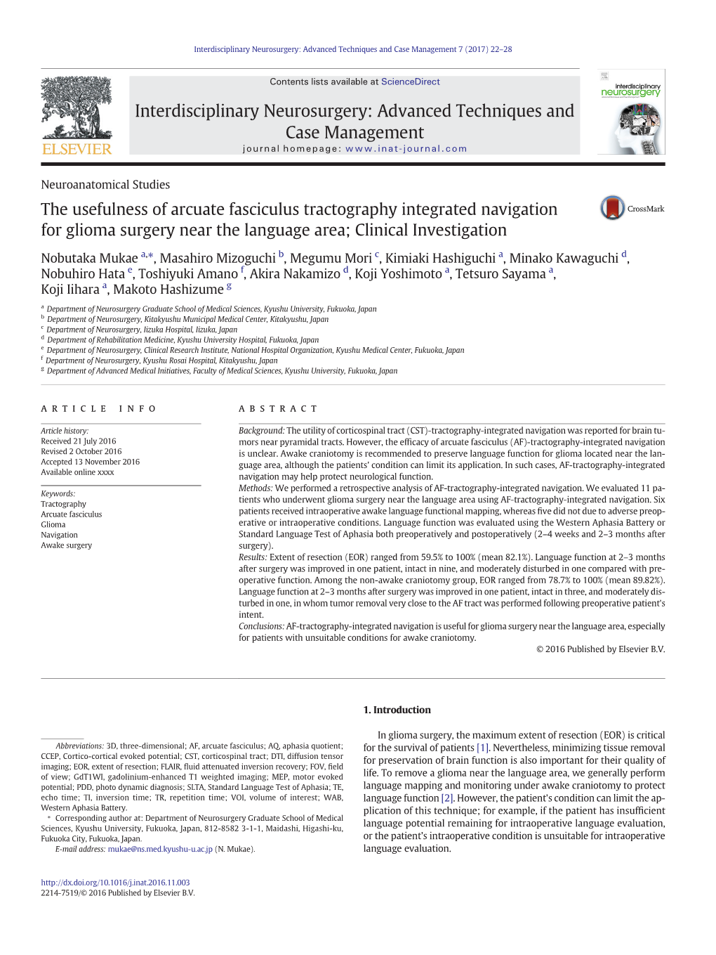 The Usefulness of Arcuate Fasciculus Tractography Integrated Navigation for Glioma Surgery Near the Language Area; Clinical Investigation