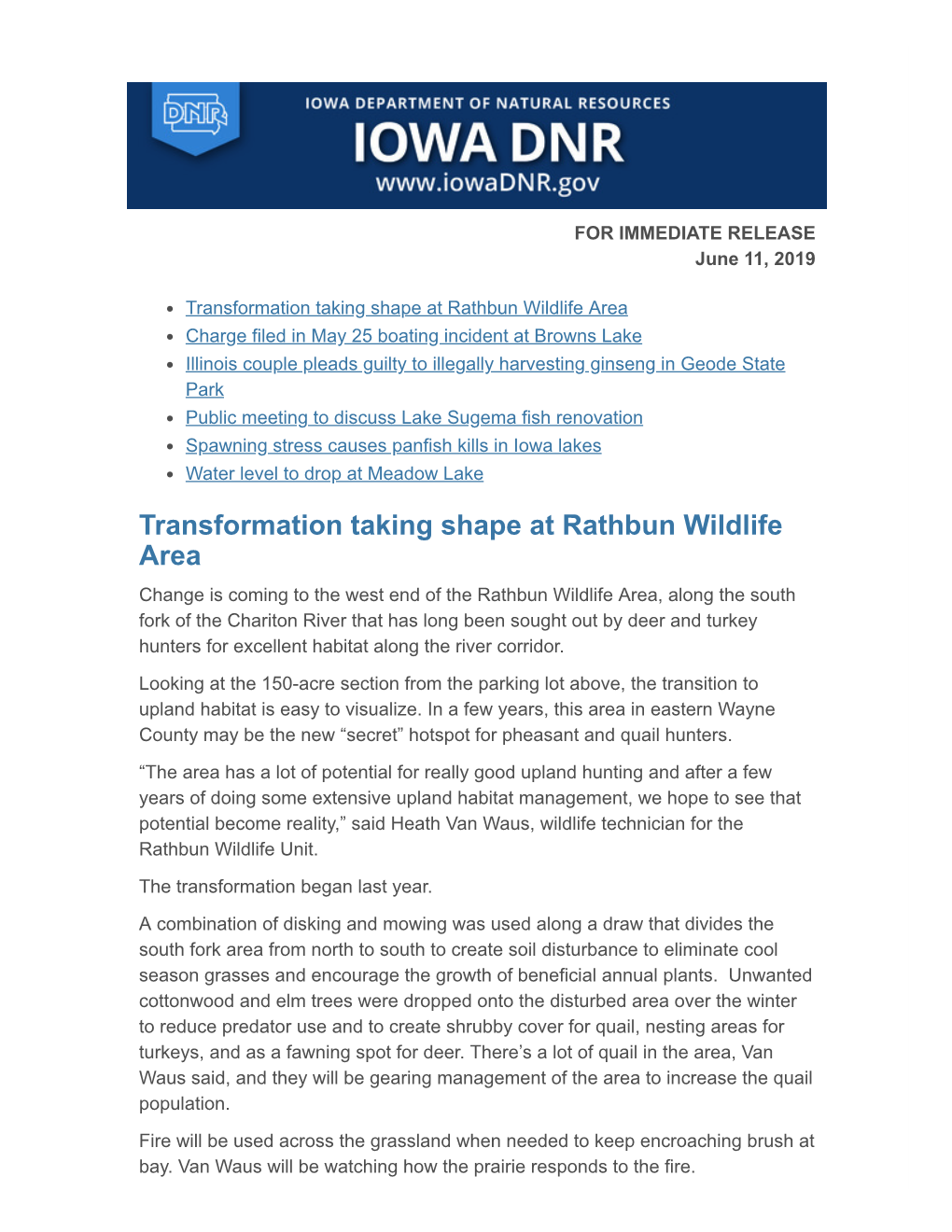 Transformation Taking Shape at Rathbun Wildlife Area