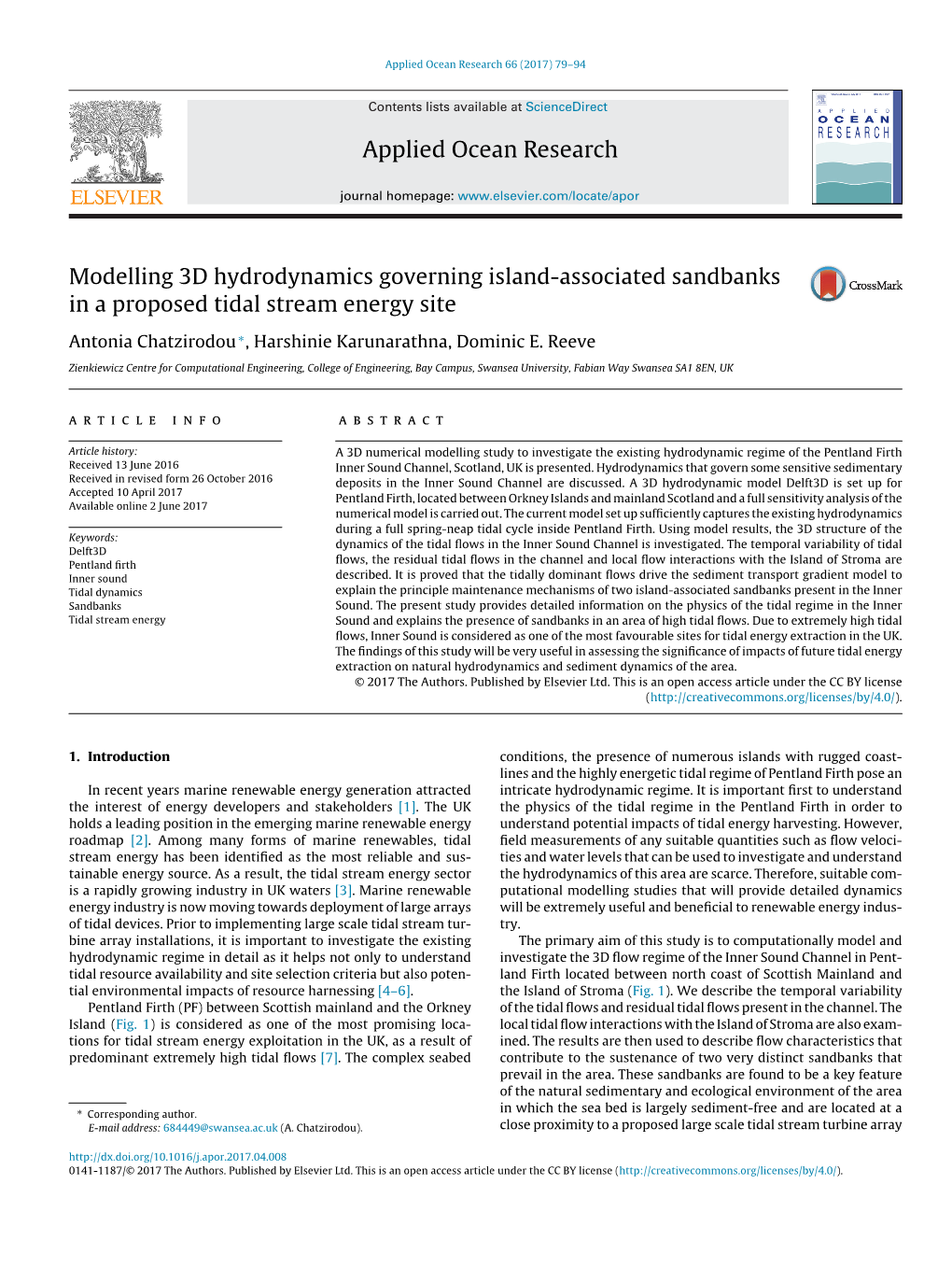 Modelling 3D Hydrodynamics Governing Island-Associated Sandbanks in a Proposed Tidal Stream Energy Site