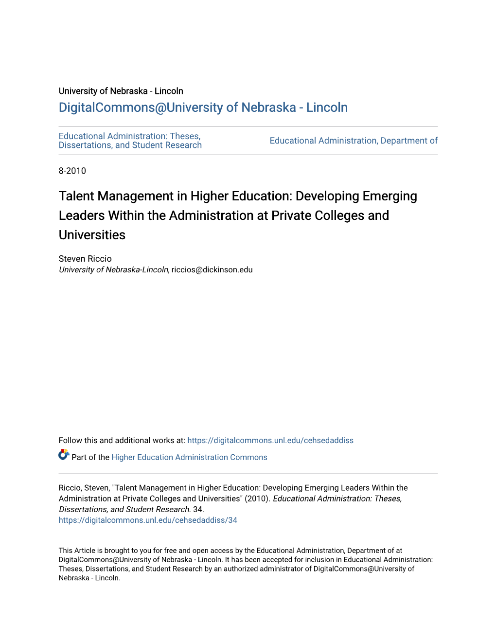 Talent Management in Higher Education: Developing Emerging Leaders Within the Administration at Private Colleges and Universities