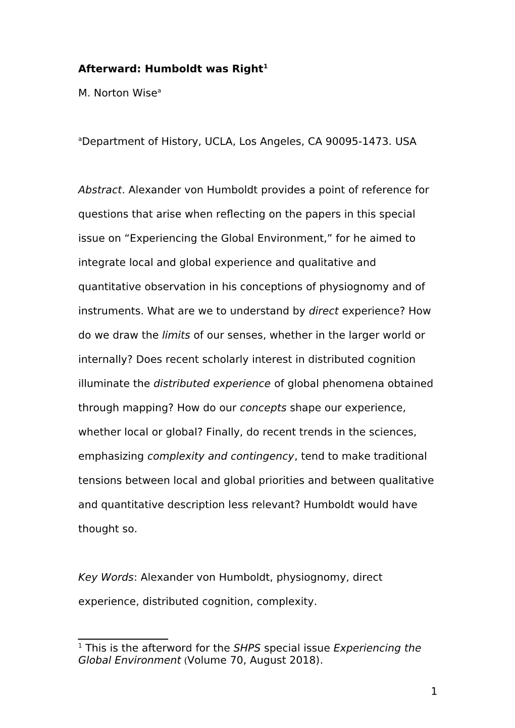 Humboldt Was Right1 M. Norton Wisea Adepartment of History, UCLA, Los Angeles, CA 90095-1473. USA Abstract. Alexander