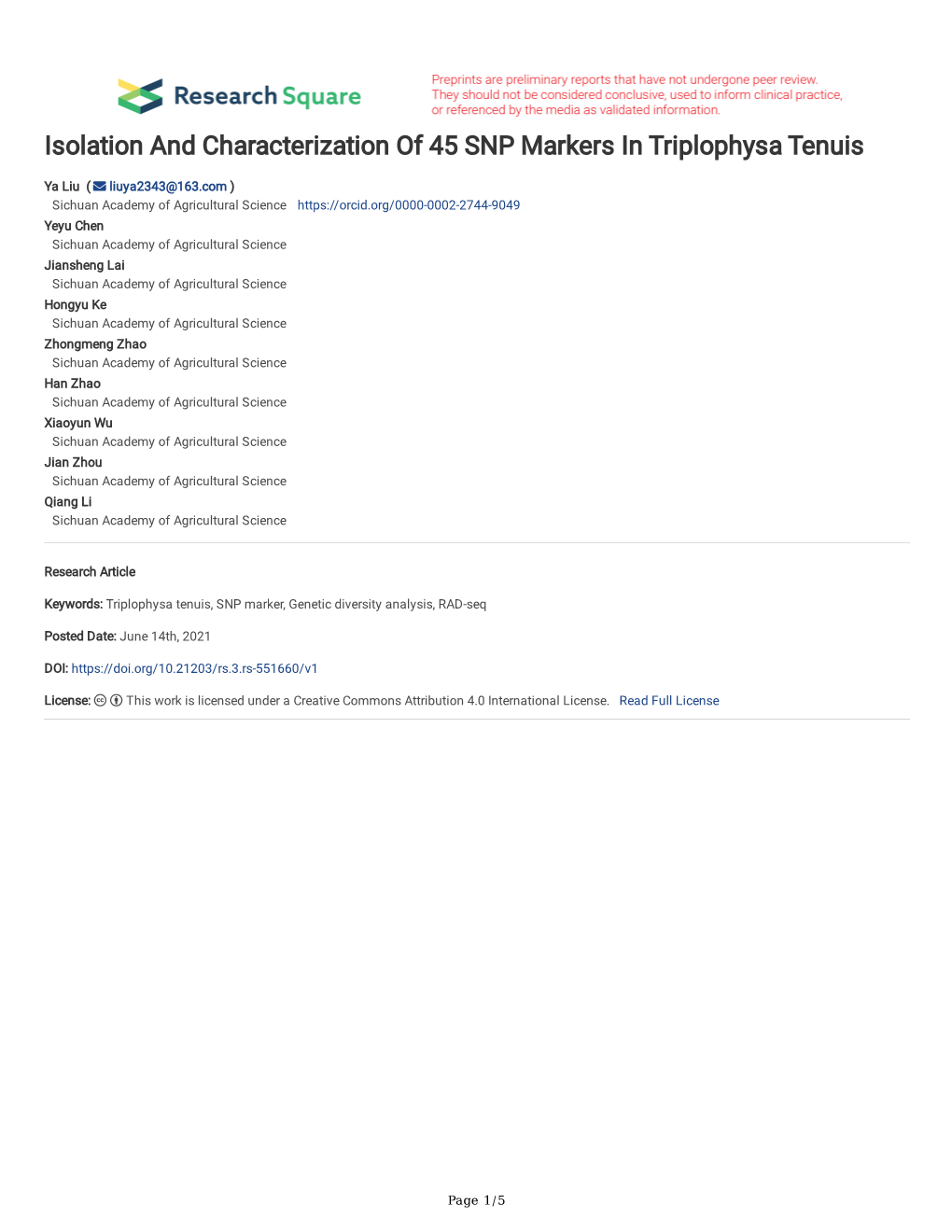 Isolation and Characterization of 45 SNP Markers in Triplophysa Tenuis