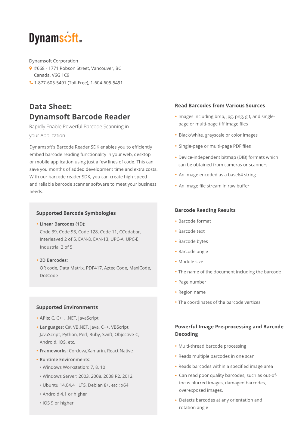 Data Sheet: Dynamsoft Barcode Reader