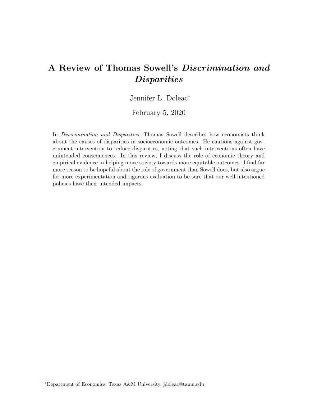 A Review of Thomas Sowell's Discrimination and Disparities