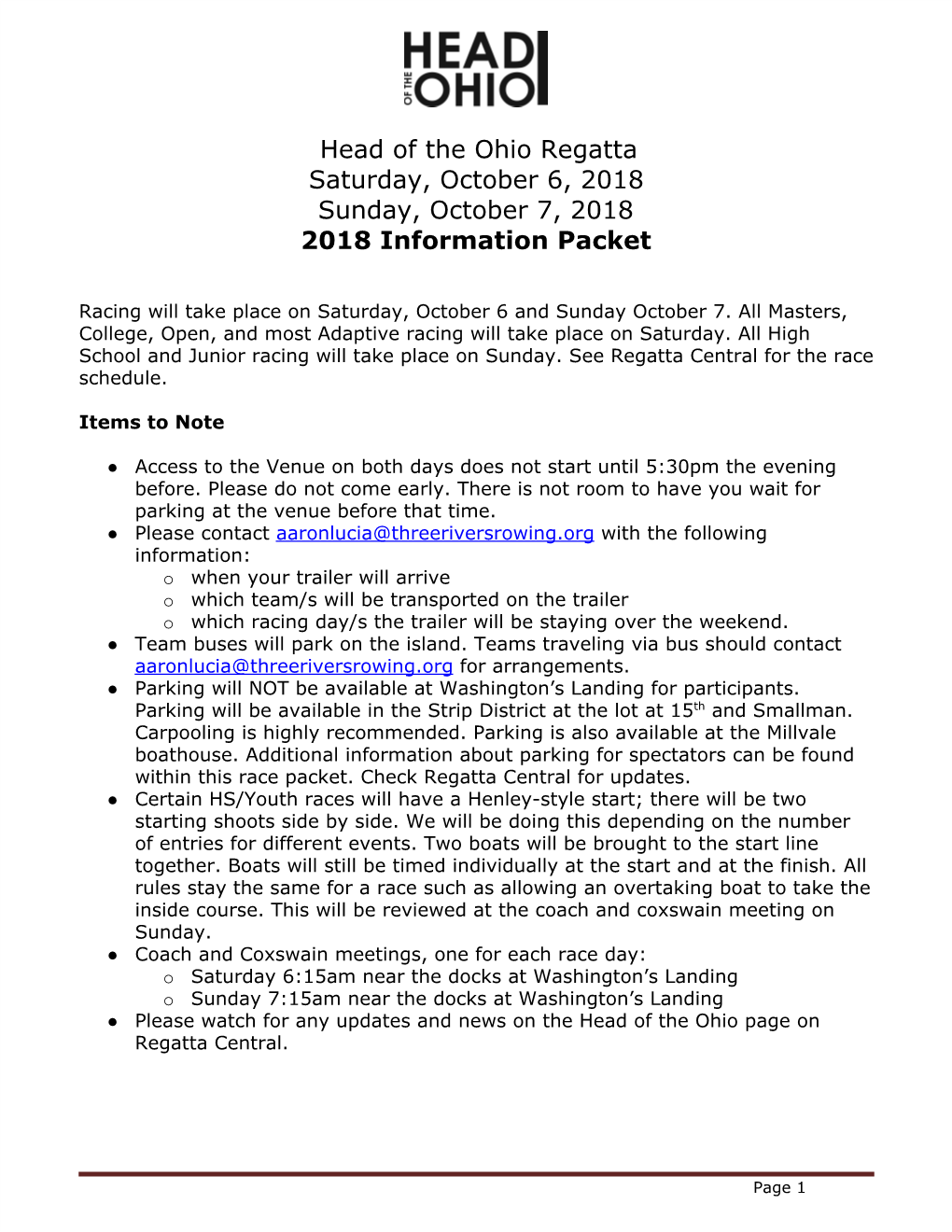 Head of the Ohio Regatta Saturday, October 6, 2018