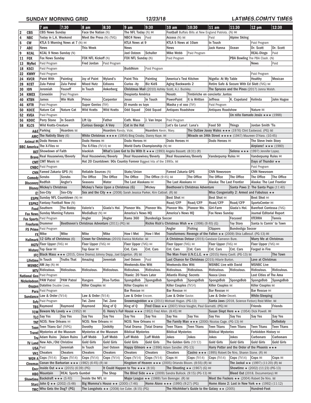 Sunday Morning Grid 12/23/18 Latimes.Com/Tv Times