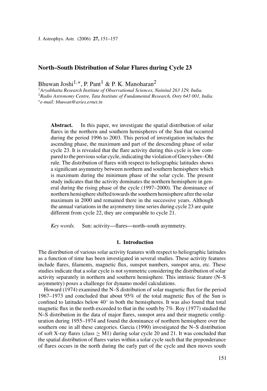 North–South Distribution of Solar Flares During Cycle 23 Bhuwan