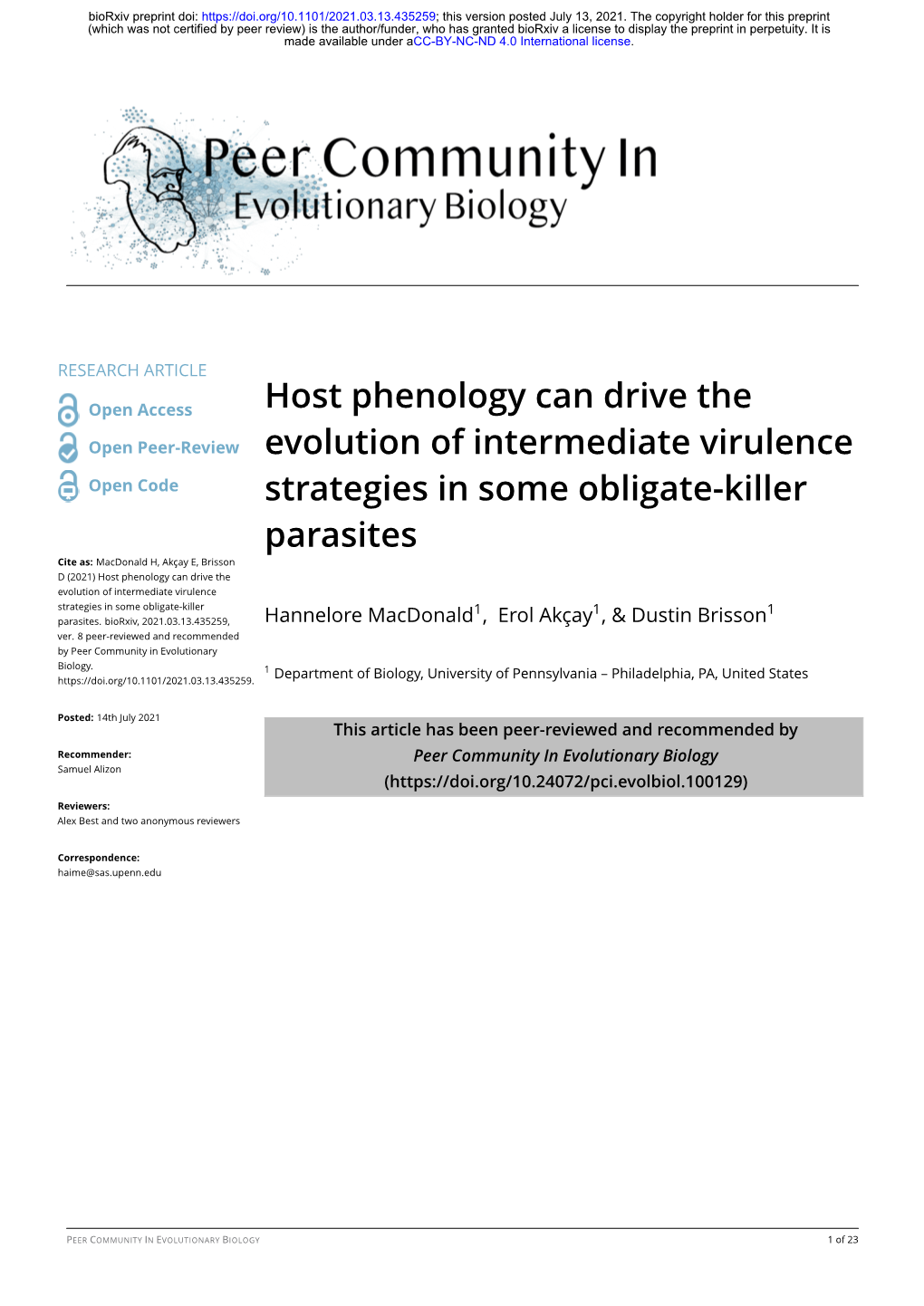 Host Phenology Can Drive the Evolution of Intermediate Virulence Strategies in Some Obligate-Killer 1 1 1 Parasites