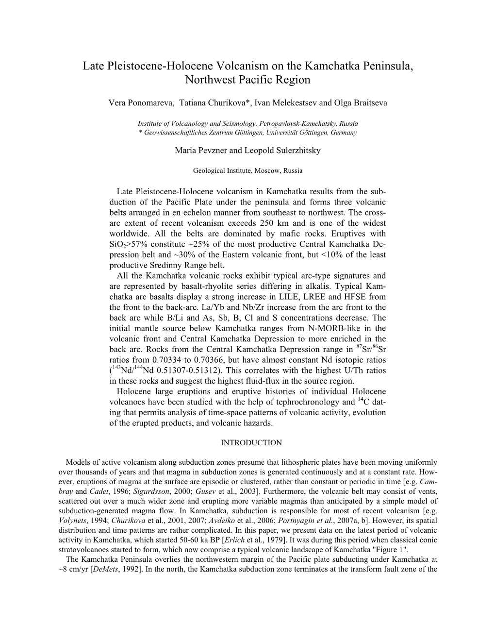 Late Pleistocene-Holocene Volcanism on the Kamchatka Peninsula, Northwest Pacific Region