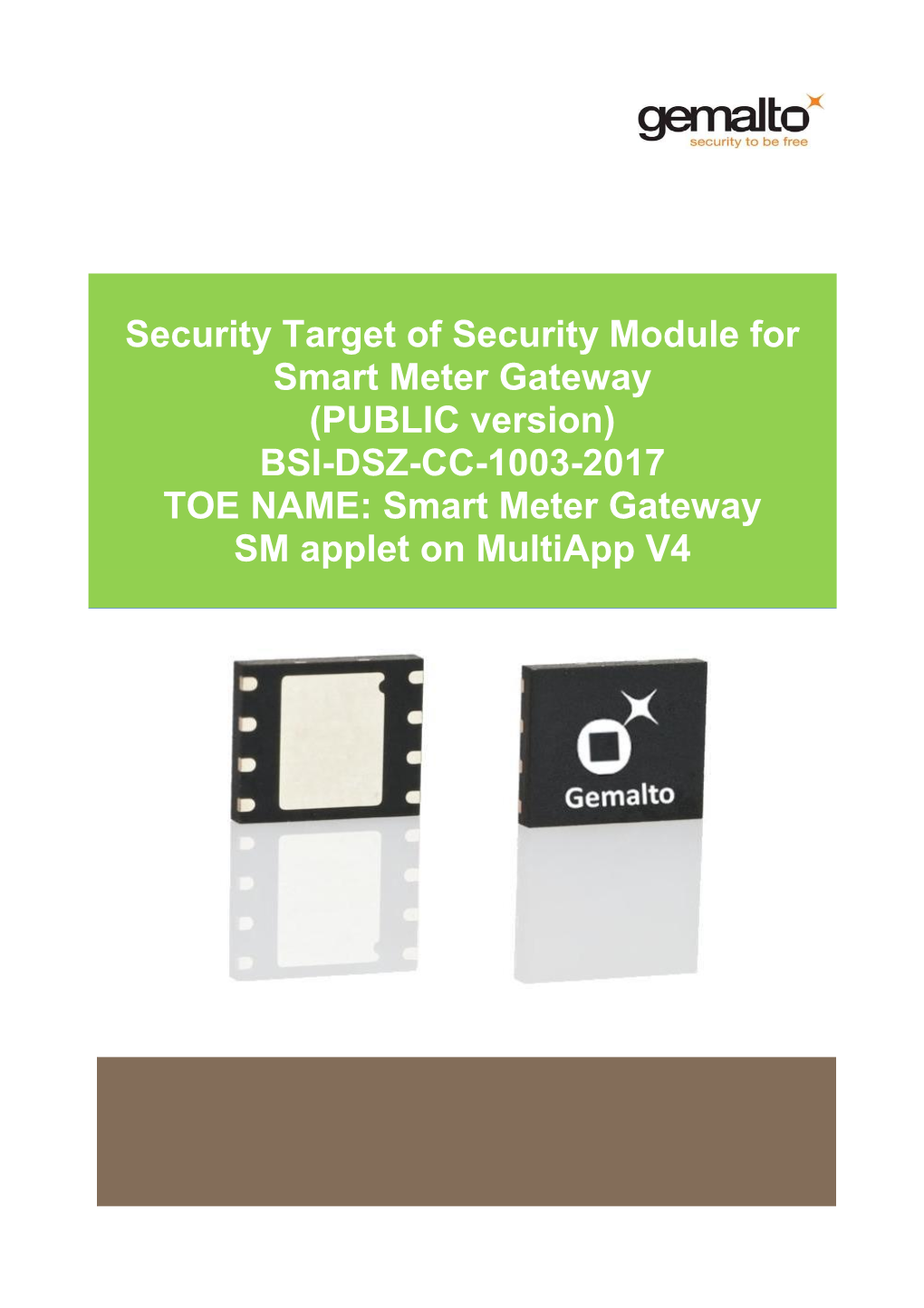 Security Target of Security Module for Smart Meter Gateway (PUBLIC Version) BSI-DSZ-CC-1003-2017 TOE NAME: Smart Meter Gateway SM Applet on Multiapp V4