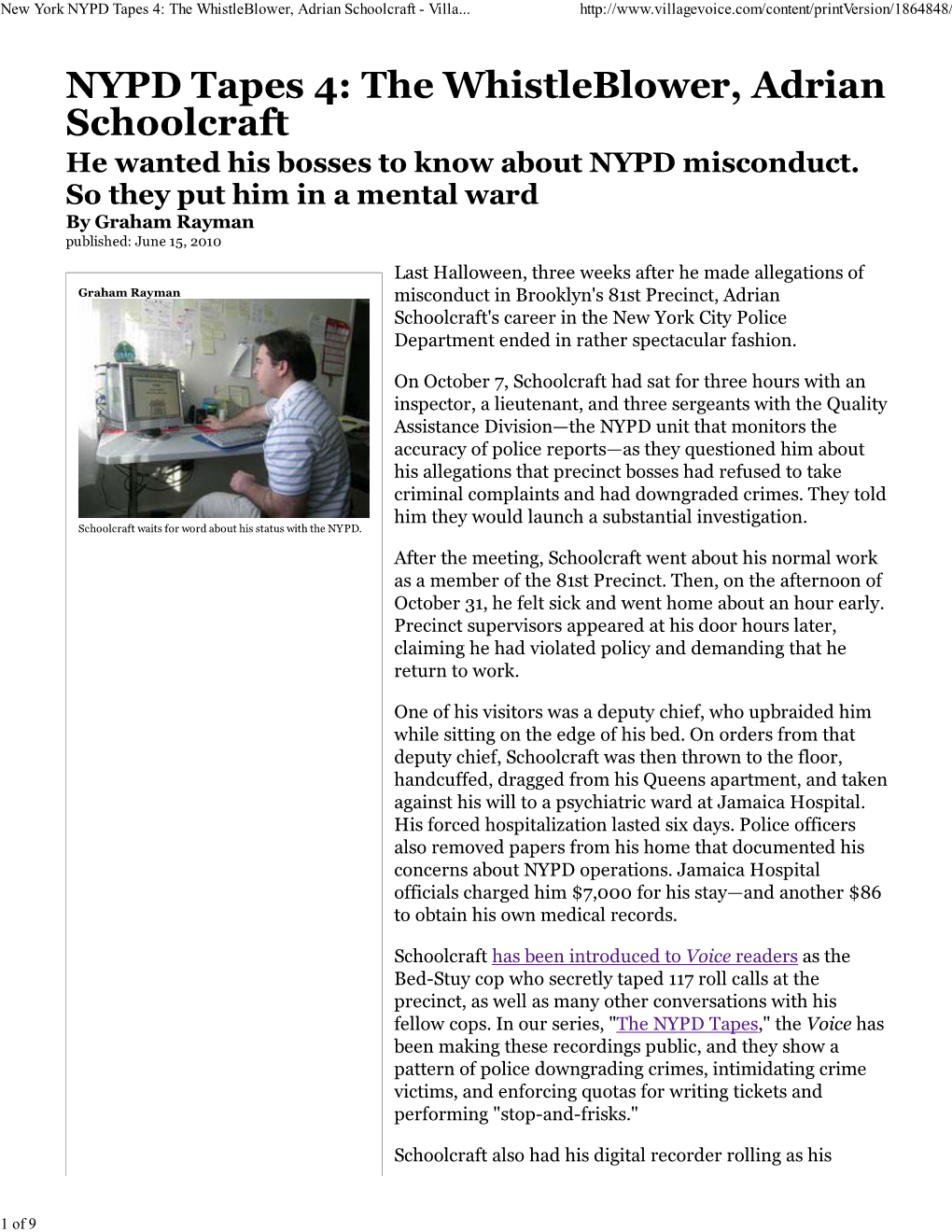 New York NYPD Tapes 4: the Whistleblower, Adrian Schoolcraft - Villa
