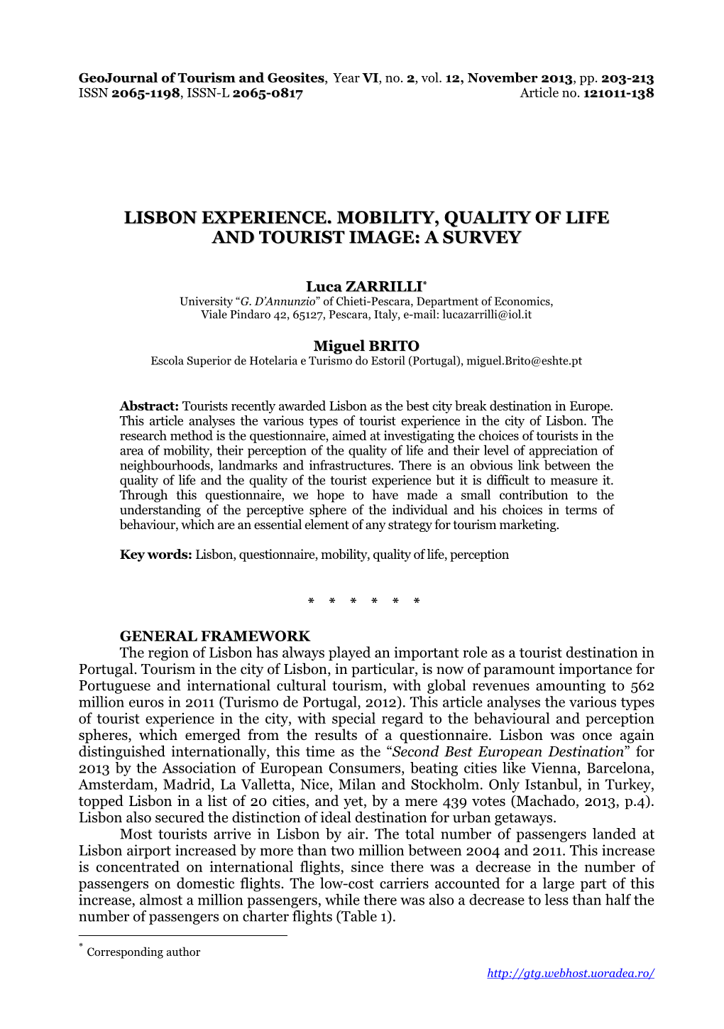 Lisbon Experience. Mobility, Quality of Life and Tourist Image: a Survey