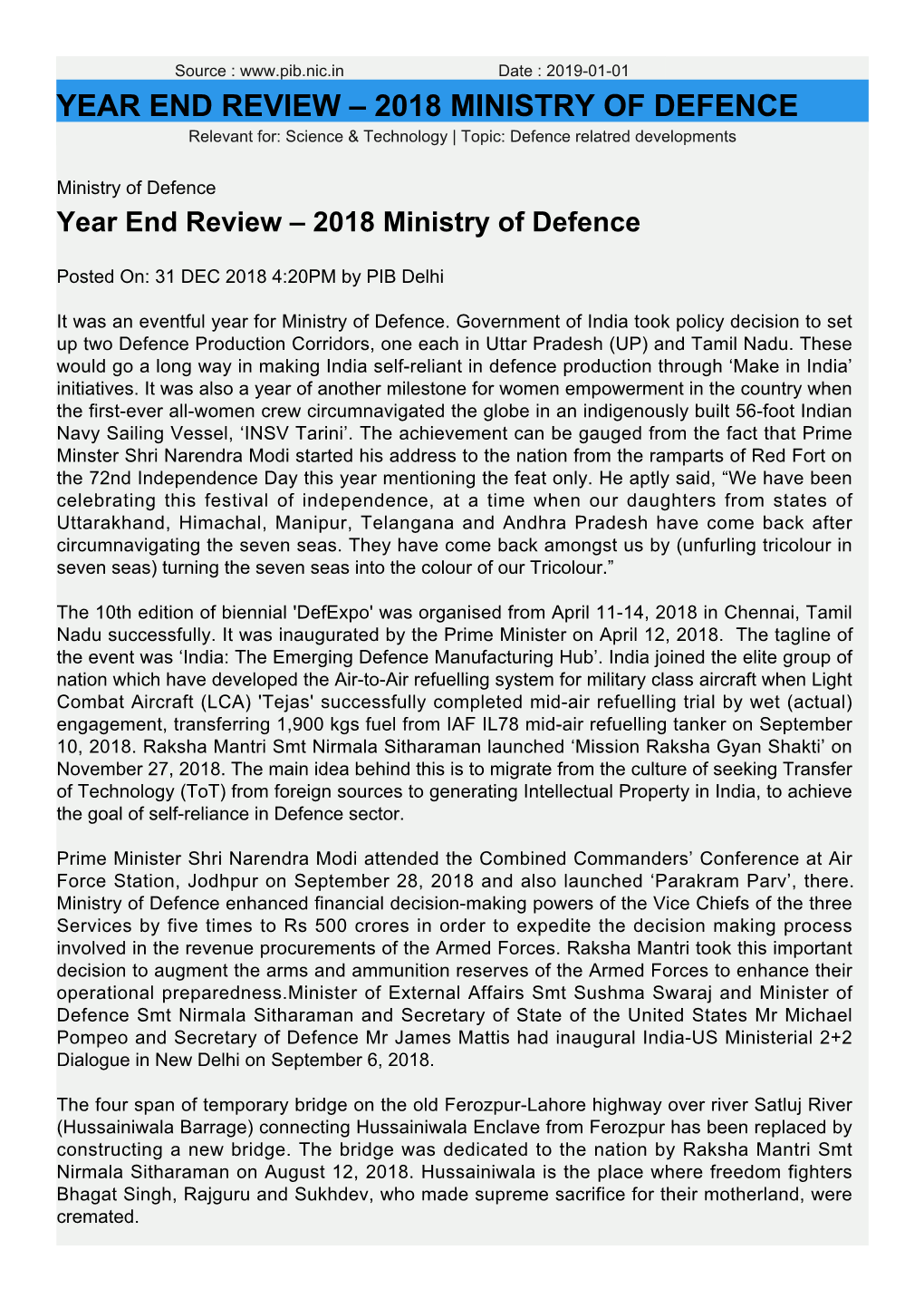 YEAR END REVIEW – 2018 MINISTRY of DEFENCE Relevant For: Science & Technology | Topic: Defence Relatred Developments