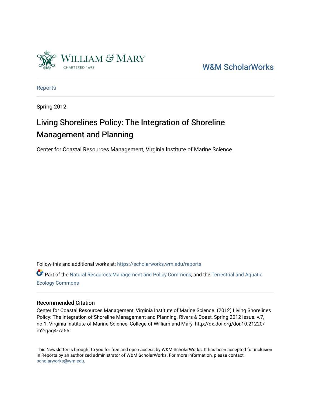 Living Shorelines Policy: the Integration of Shoreline Management and Planning