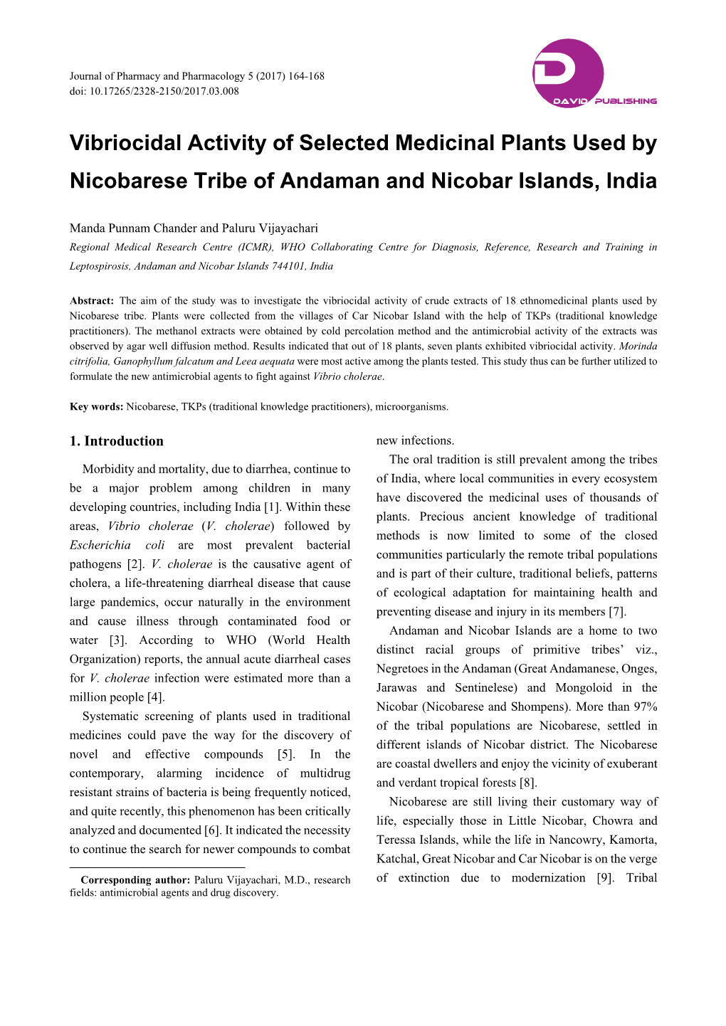 Vibriocidal Activity of Selected Medicinal Plants Used by Nicobarese Tribe of Andaman and Nicobar Islands, India