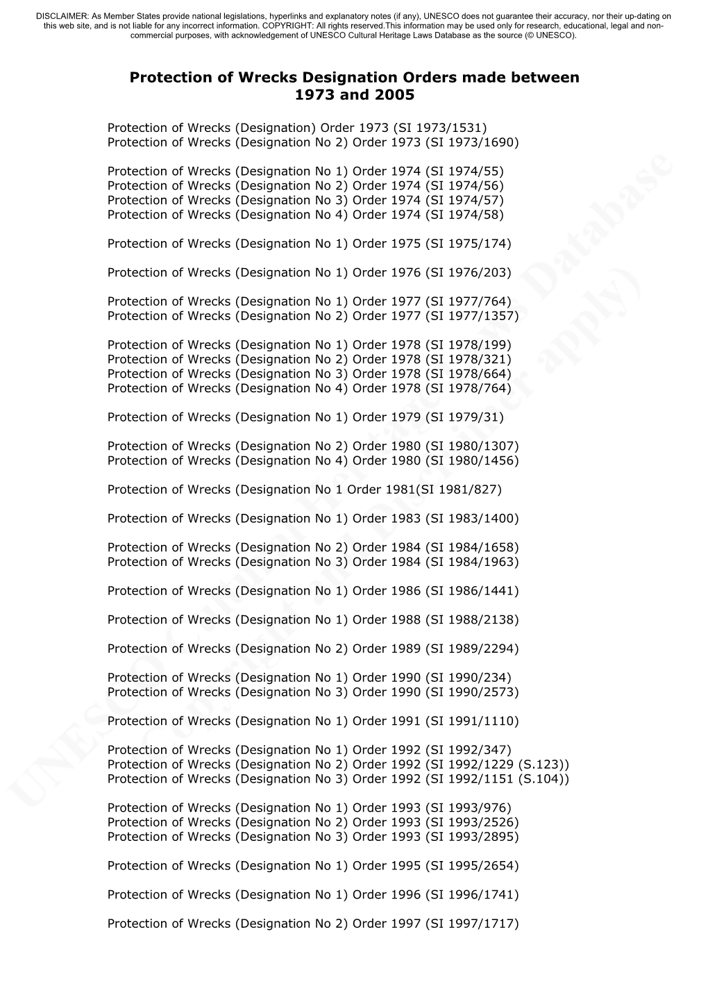 Protection of Wrecks Designation Orders Made Between 1973 and 2005