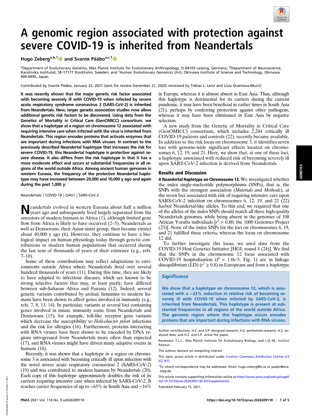 A Genomic Region Associated with Protection Against Severe COVID-19 Is Inherited from Neandertals