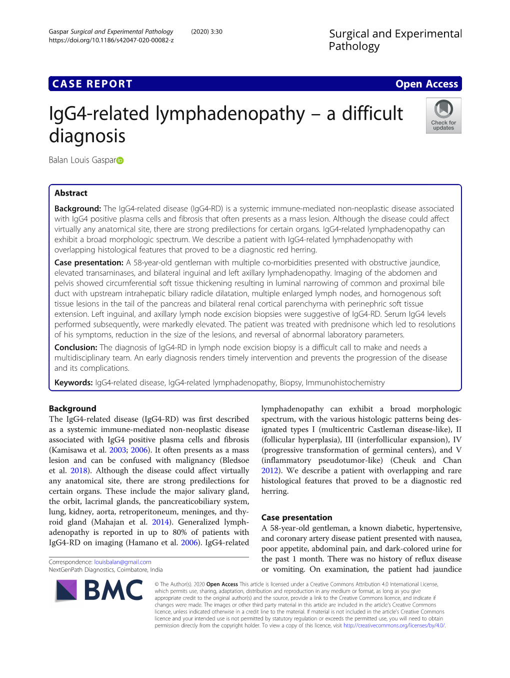 Igg4-Related Lymphadenopathy – a Difficult Diagnosis Balan Louis Gaspar