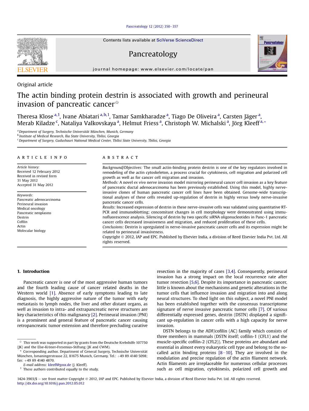 The Actin Binding Protein Destrin Is Associated with Growth and Perineural Invasion of Pancreatic Cancerq