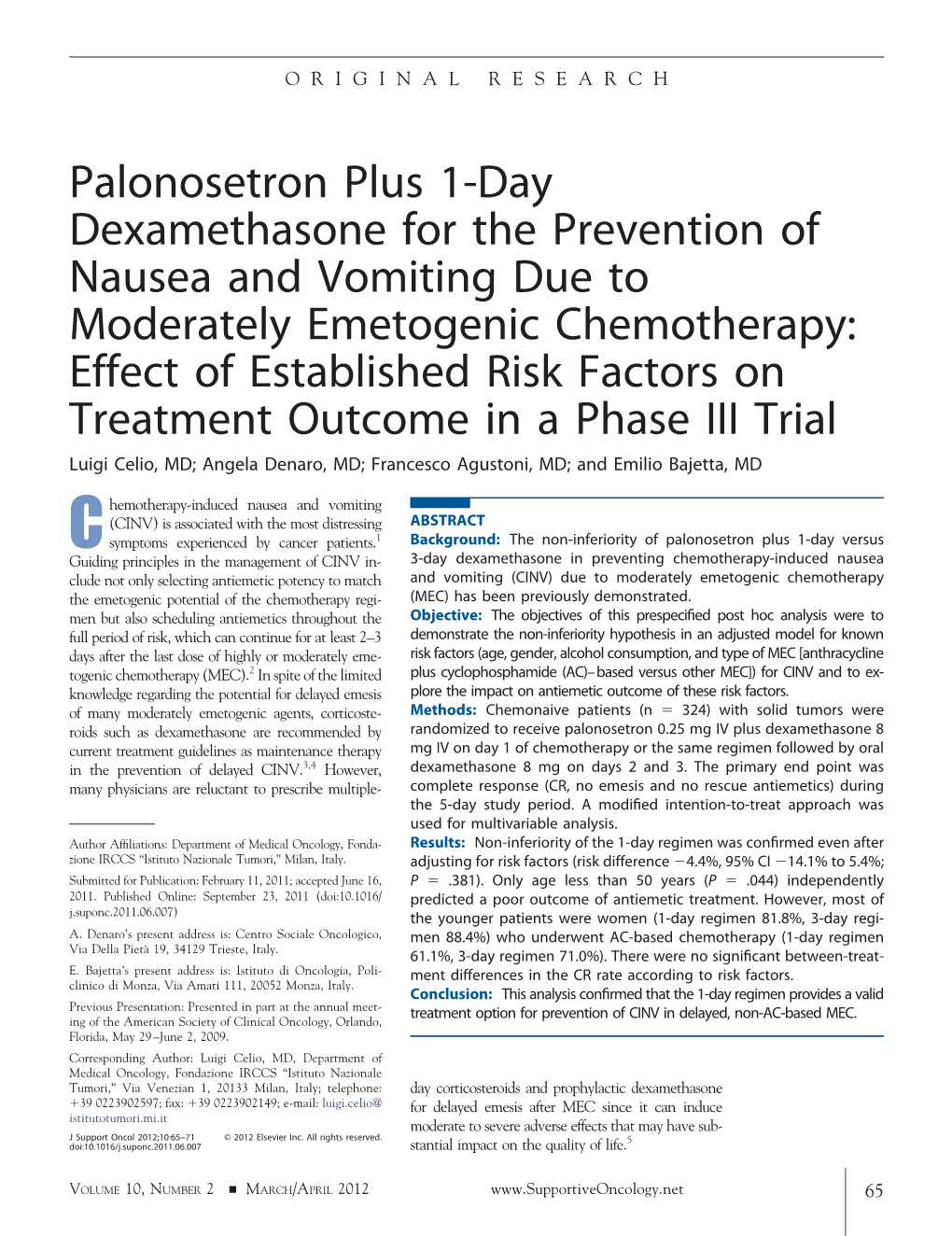 Palonosetron Plus 1-Day Dexamethasone for The