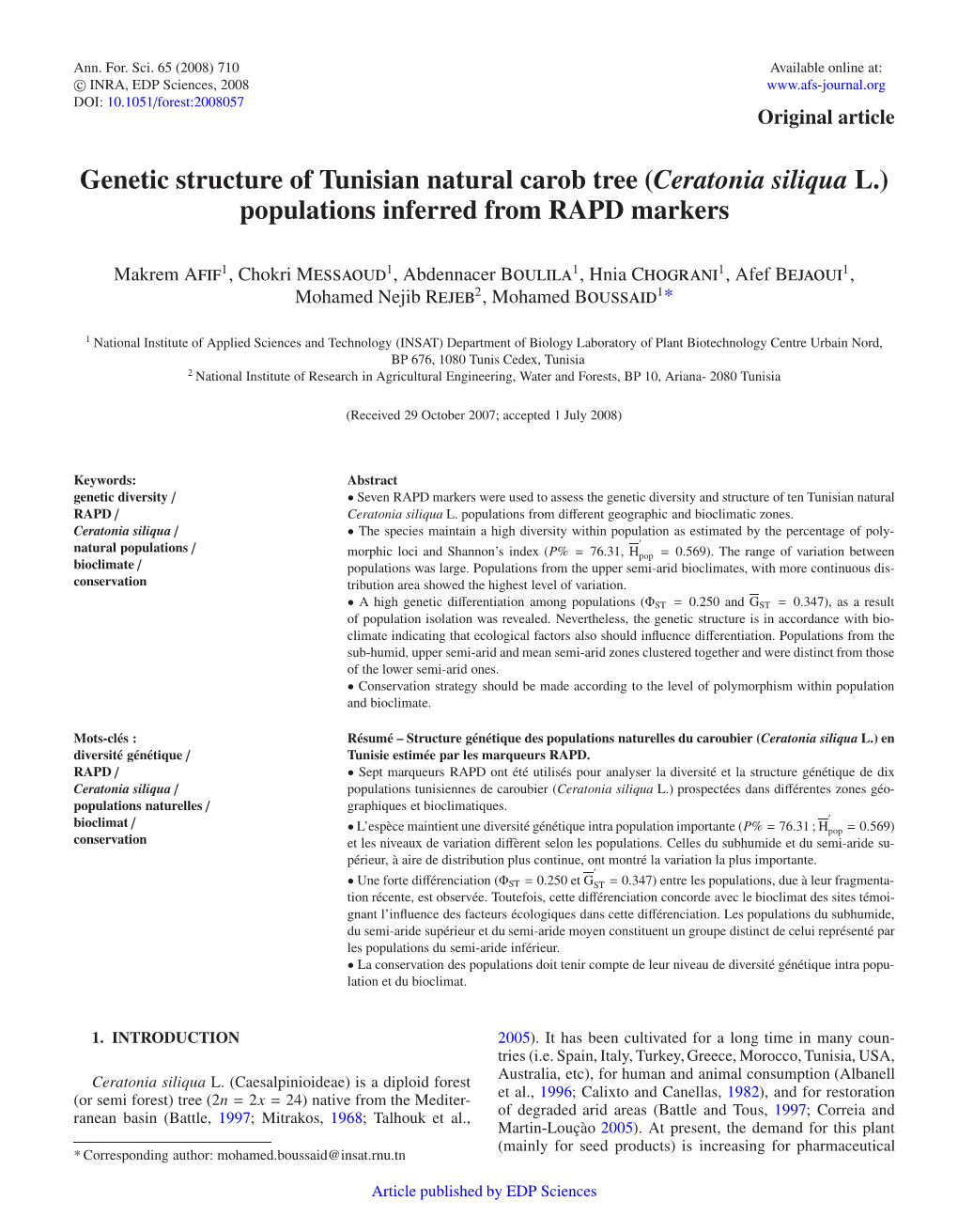 (Ceratonia Siliqua L.) Populations Inferred from RAPD Markers