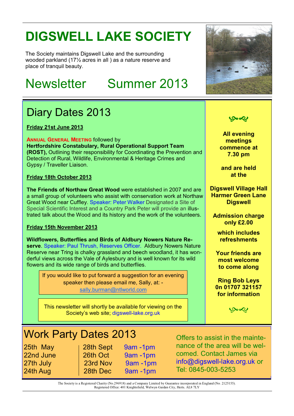 DIGSWELL LAKE SOCIETY Newsletter Summer 2013