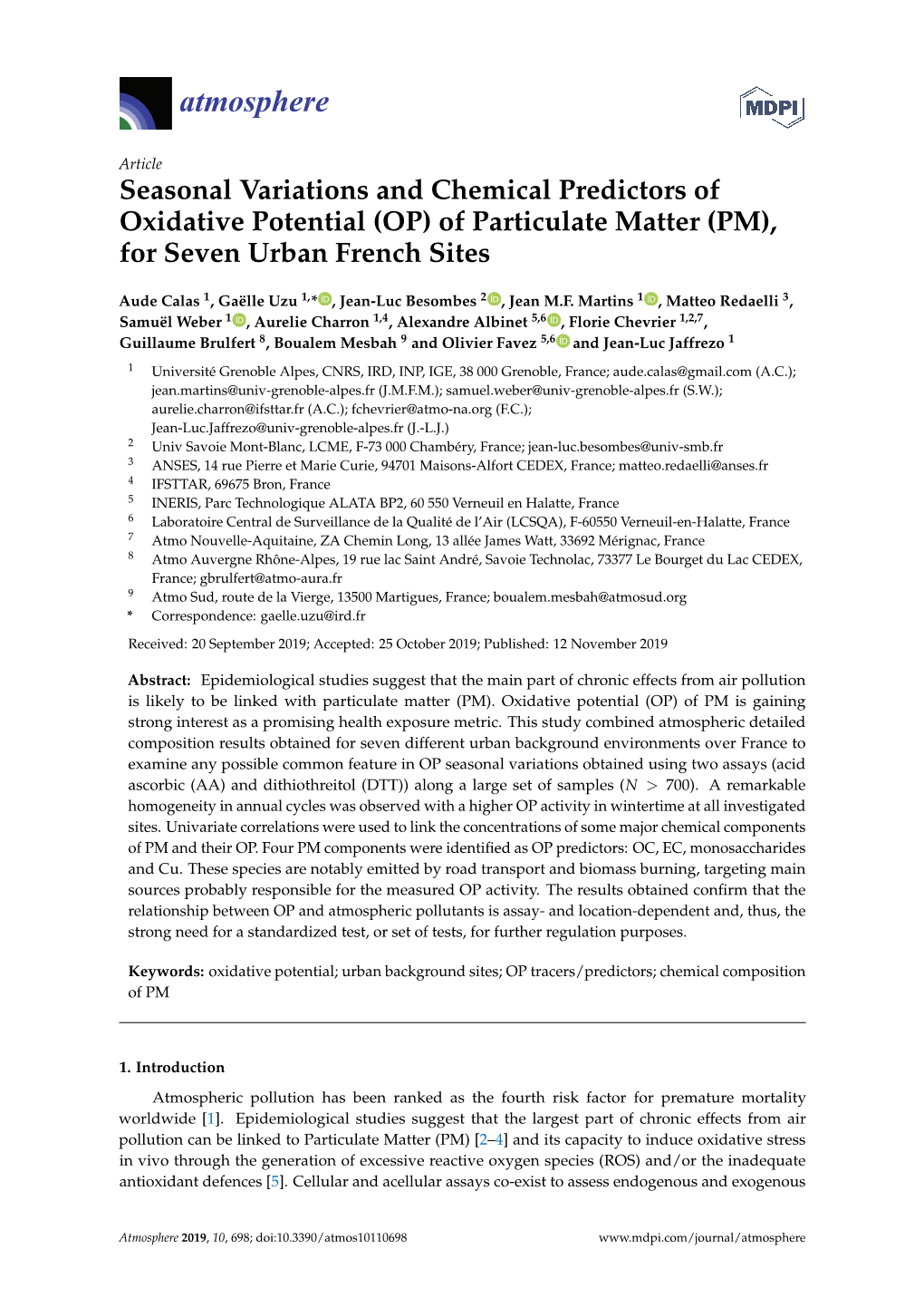 Of Particulate Matter (PM), for Seven Urban French Sites