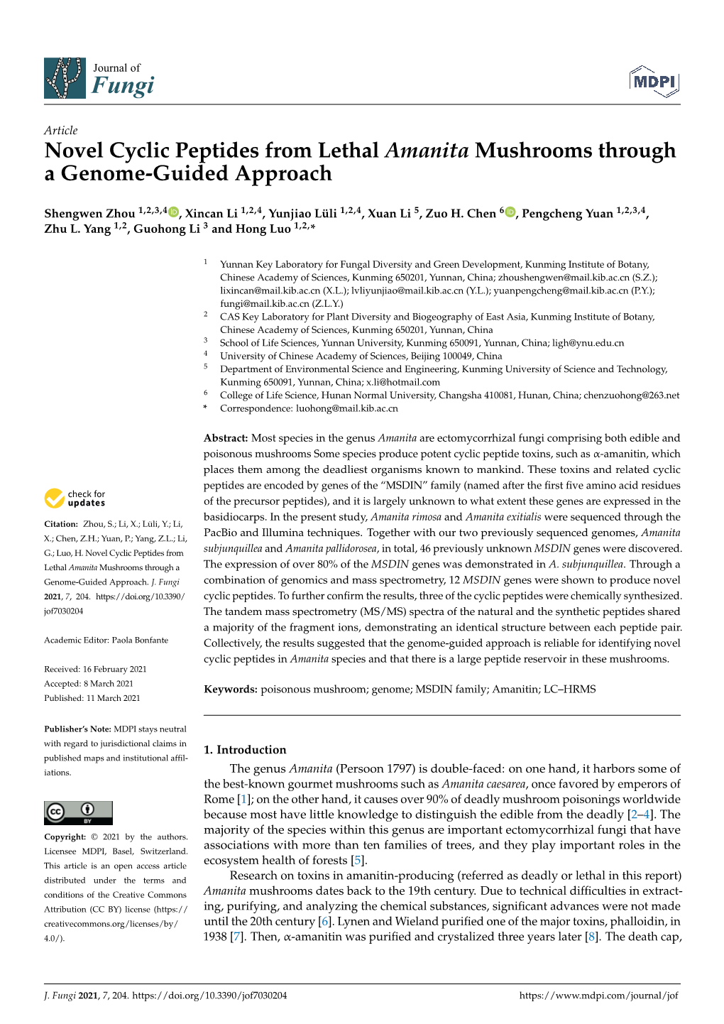 Novel Cyclic Peptides from Lethal Amanita Mushrooms Through a Genome-Guided Approach