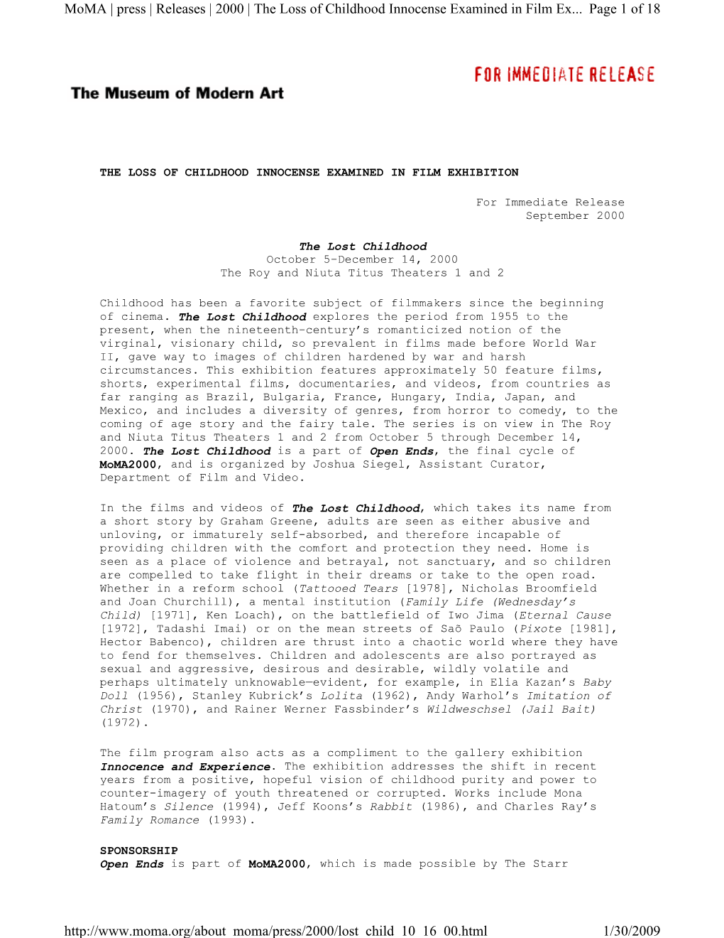 Page 1 of 18 Moma | Press | Releases | 2000 | the Loss of Childhood